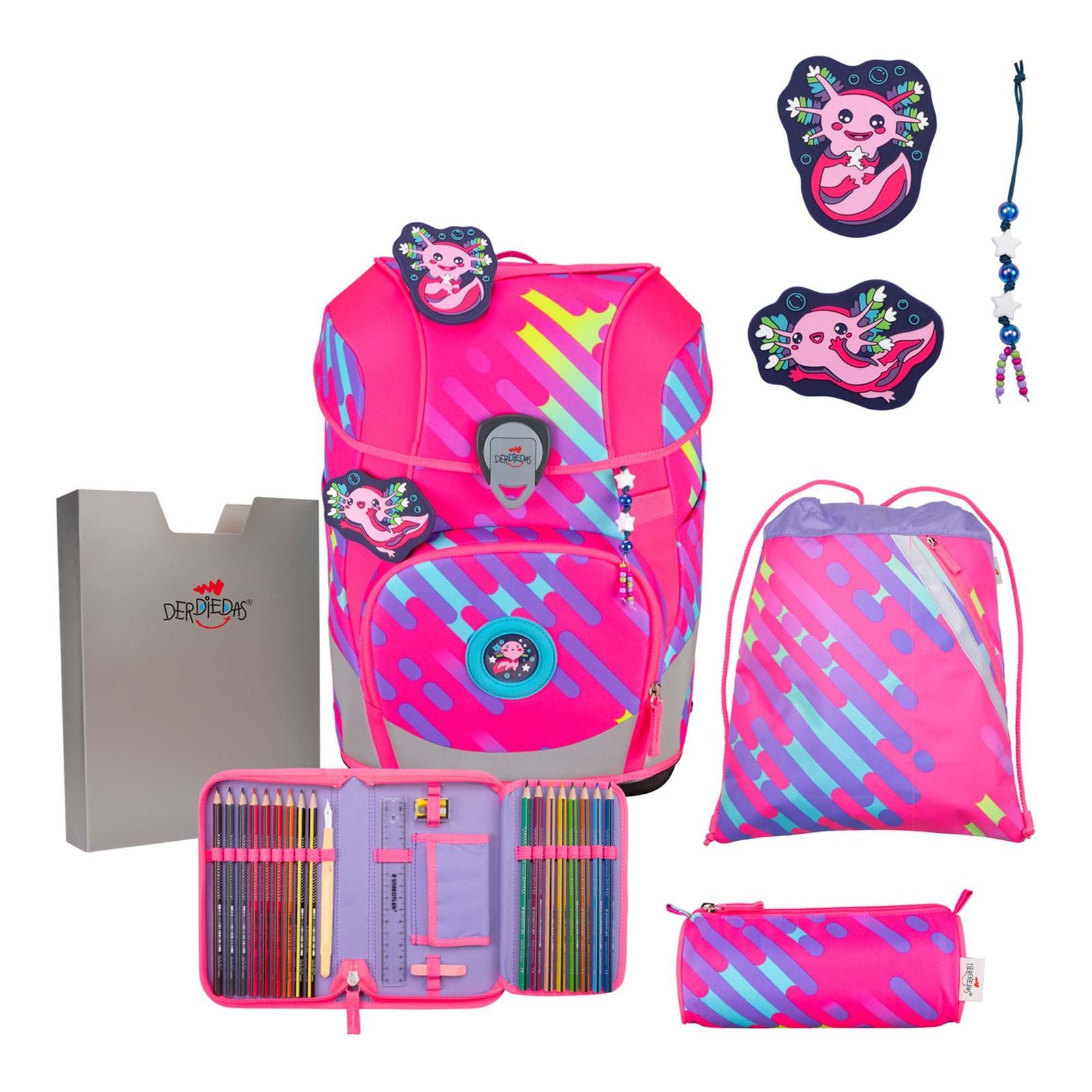 DerDieDas® Schulranzen Exklusiv Neon Schulranzenset 5-teilig (Set, 5-tlg)