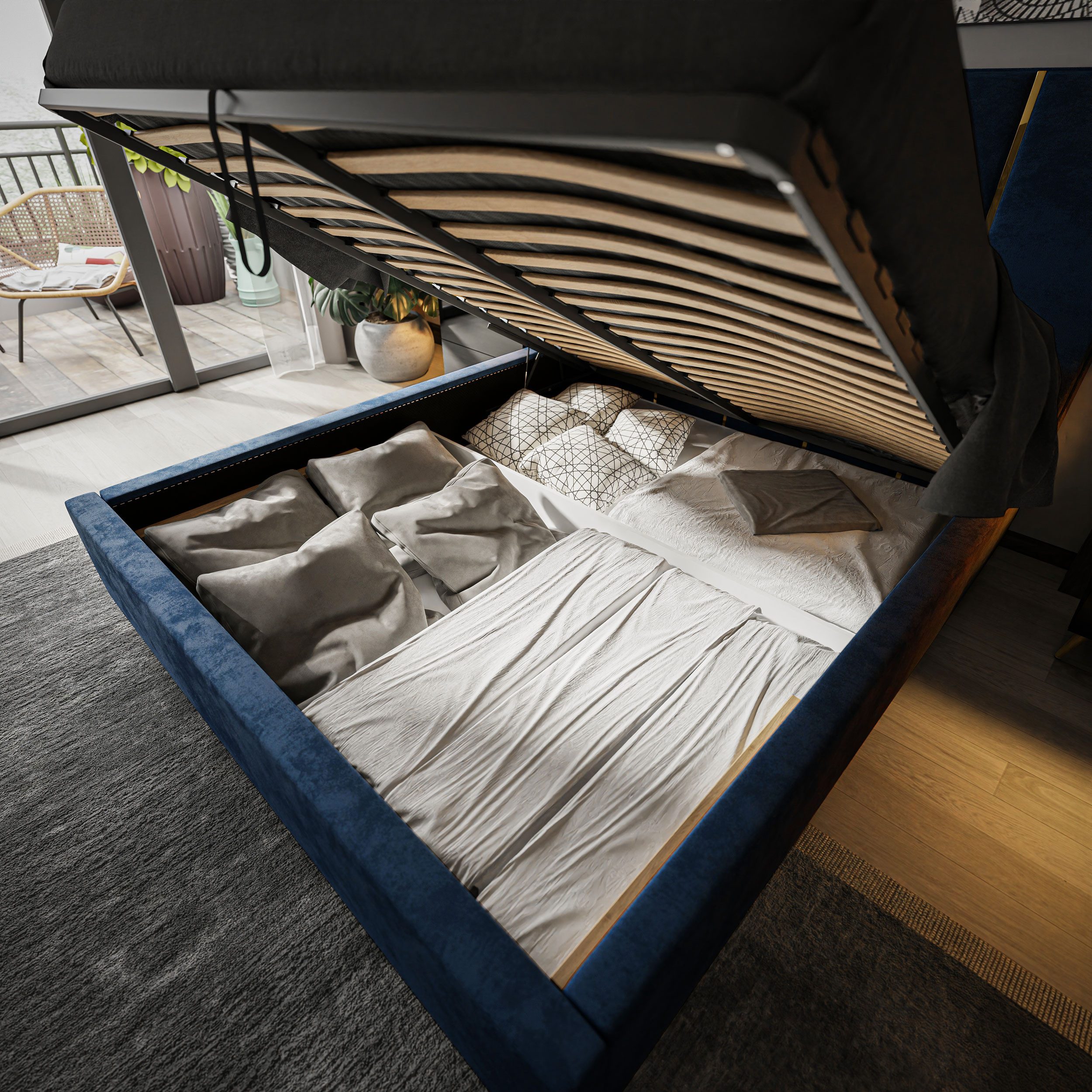 Lookway Polsterbett TIFFANY mit Bettkasten und 105 cm hohem Kopfteil (Bett mit Metallgestell), gepolsterts Kopfteil