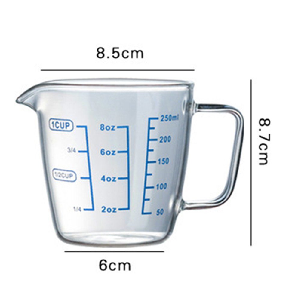 Transparent-250ml für Skala Liter,Milliliter,Maßkanne, Messbecher Messbecher,250 ml/500 hitzebeständig,mit transparent, Rutaqian Glas Griff, ml,Skalierung