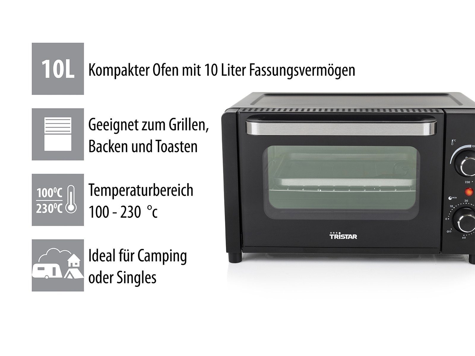 10L Unterhitze Tristar & für Toast Kleiner Pizza Ober Mini-Ofen Minibackofen, Tisch-Backofen