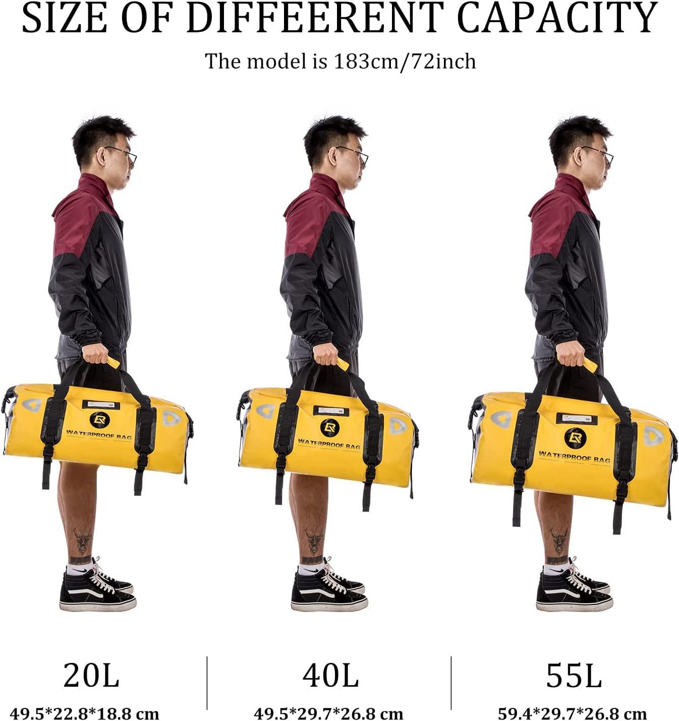 ROCKBROS Satteltasche Motorradtasche Gepäckrolle Hecktasche 100% Wasserdicht (1-tlg), Motorrad Gepäcktasche mit Schultergurt ca. 55L Gelb