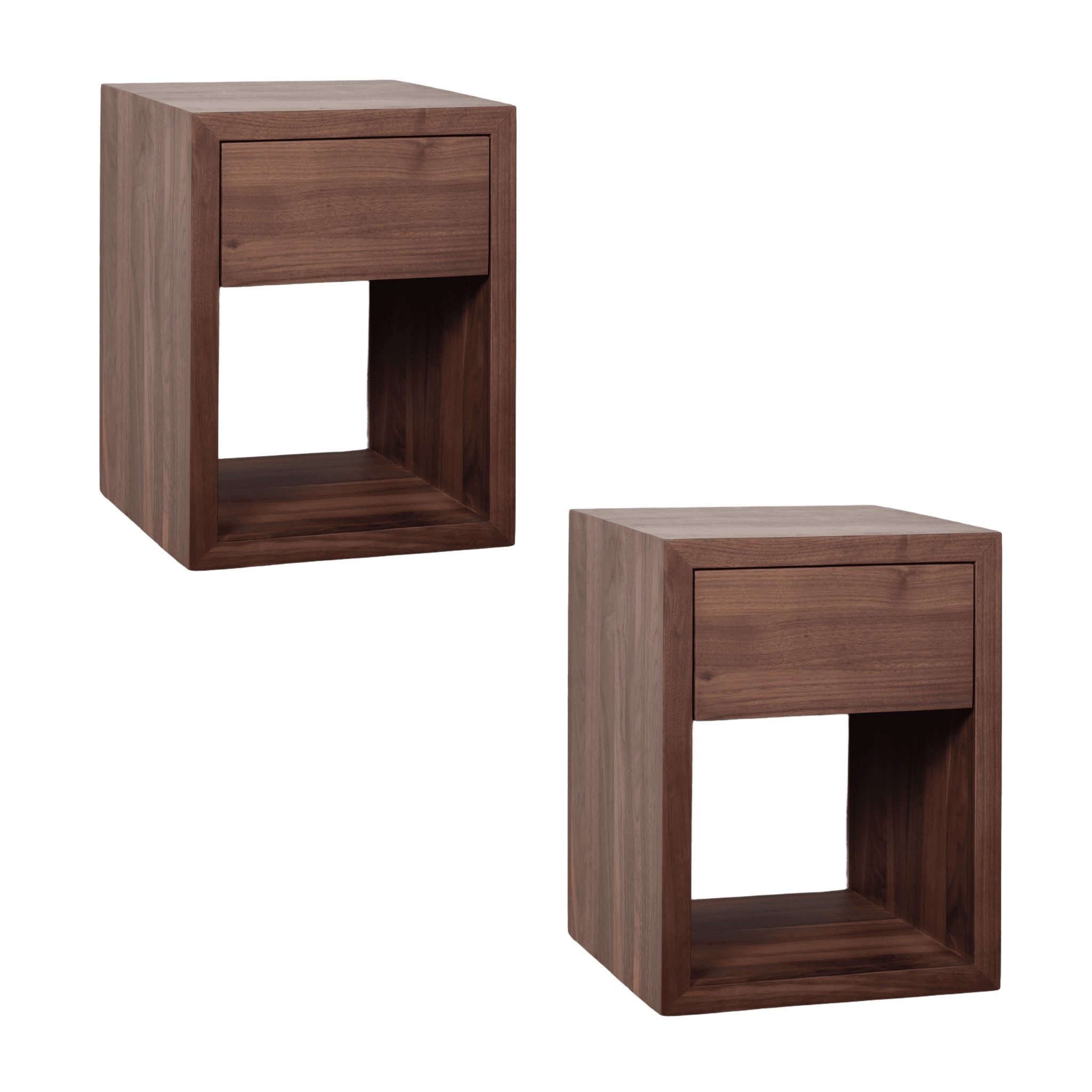 Woodek Design Nachttisch 2er-Set Nachttisch Hugo Cubic 30 aus massivem Nussbaum – matt lackiert (Beistelltisch aus matt lackiertem Walnussholz, 1-St., schwebendes Wandregal), kompakter Nachtschrank mit Ablage