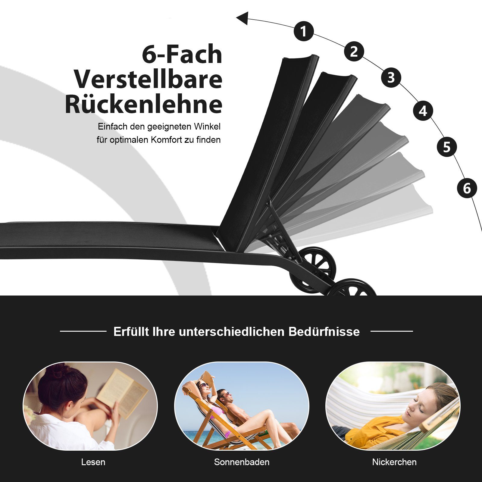 COSTWAY Gartenliege Sonnenliege, mit Rollen, 6-fach verstellbar