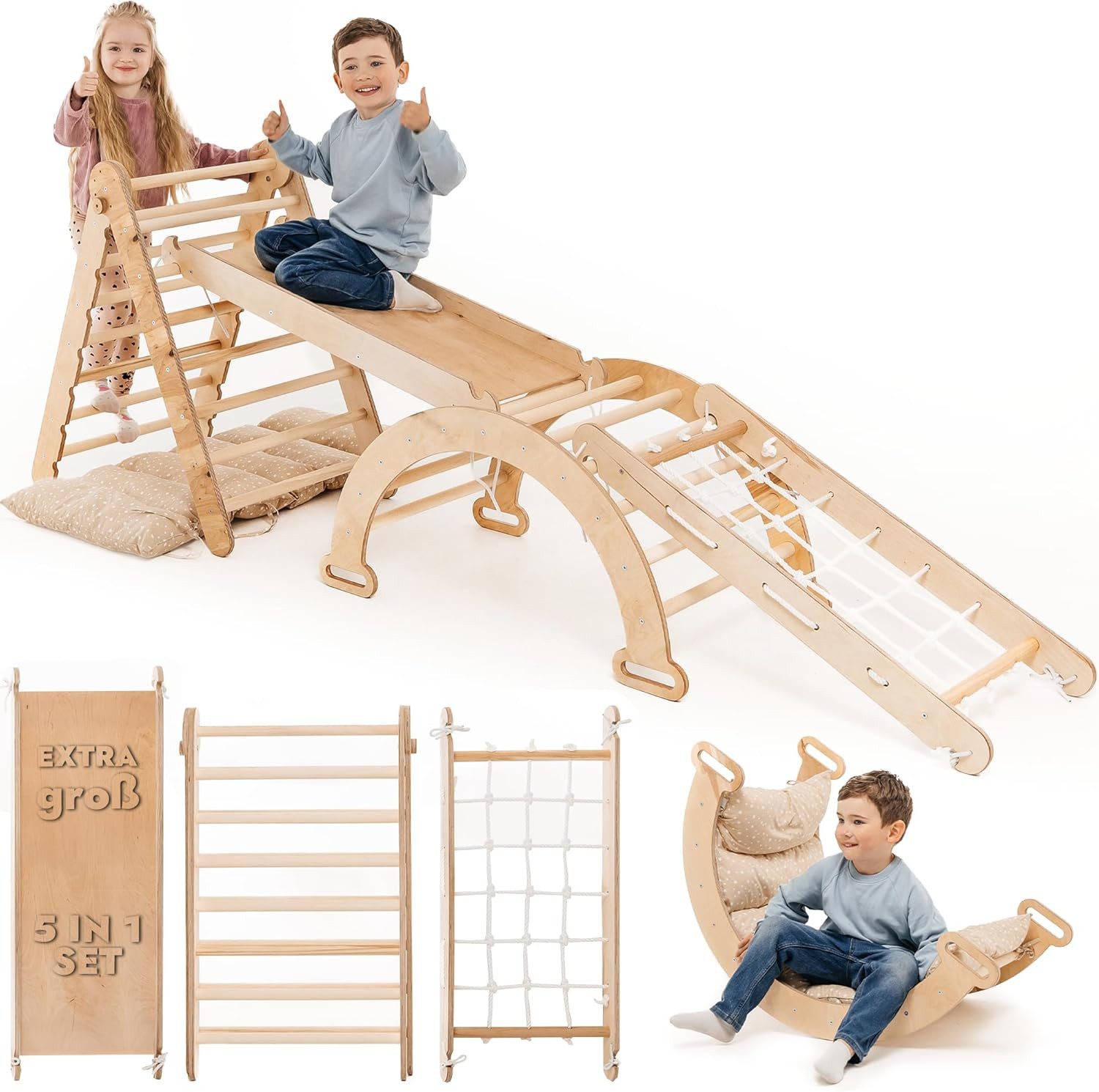 Goodevas Klettergerüst Holz Indoor Klettergerüst für Kinder von 1-5 Jahren, (Dreiecksleiter, Kletterbogen & Kletterrampe & Netz, 5-St)