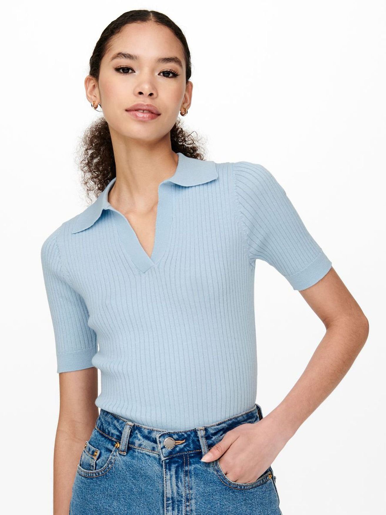 ONLY T-Shirt Blau Poloshirt Kurzarm in ONLNIMONE V-Ausschnitt (1-tlg) 4015 T-Shirt Geripptes Einfarbiges