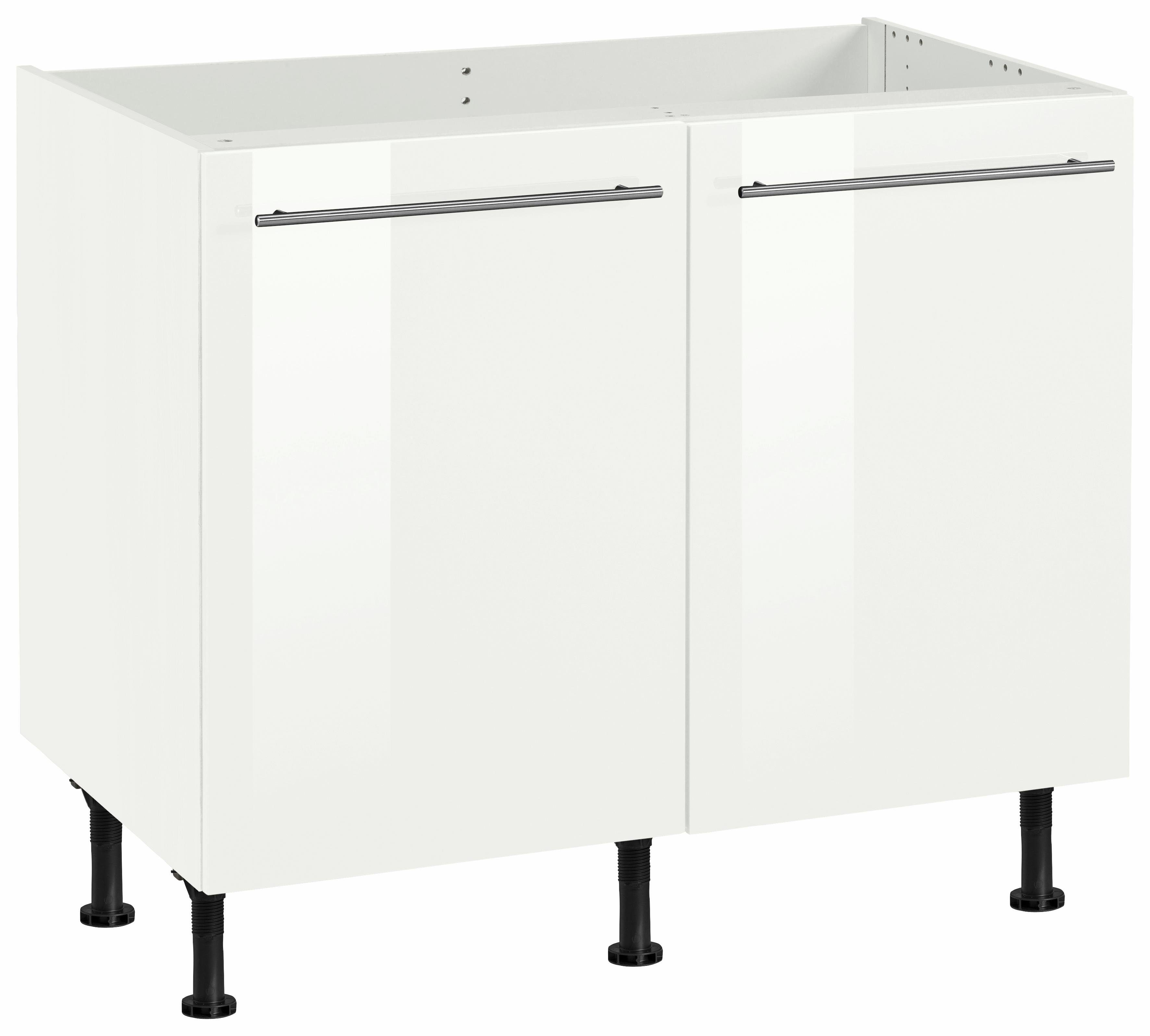 OPTIFIT Spülenschrank Bern 100 cm 2 breit, höhenverstellbare Metallgriffen Türen, mit | Hochglanz/weiß Füße, weiß mit weiß