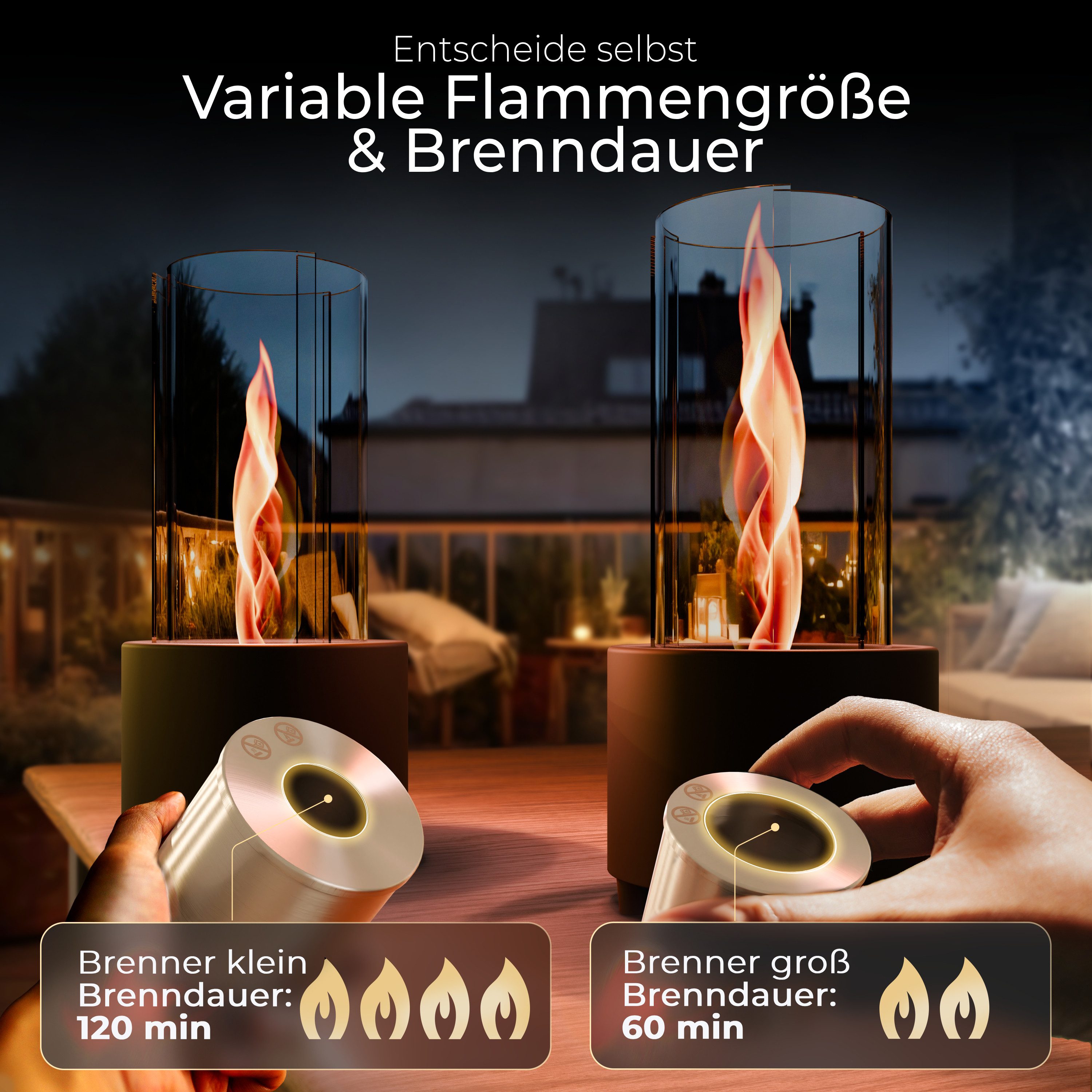 FIRELL Tischfeuer Ethanol Tischkamin Indoor & Outdoor Echtfeuer-Dekokamin (aus Edelstahl, Komplett-Set), Verstellbare Flamme, 2h Brenndauer, Patentierte Wirbelf – Bild 4 von 5