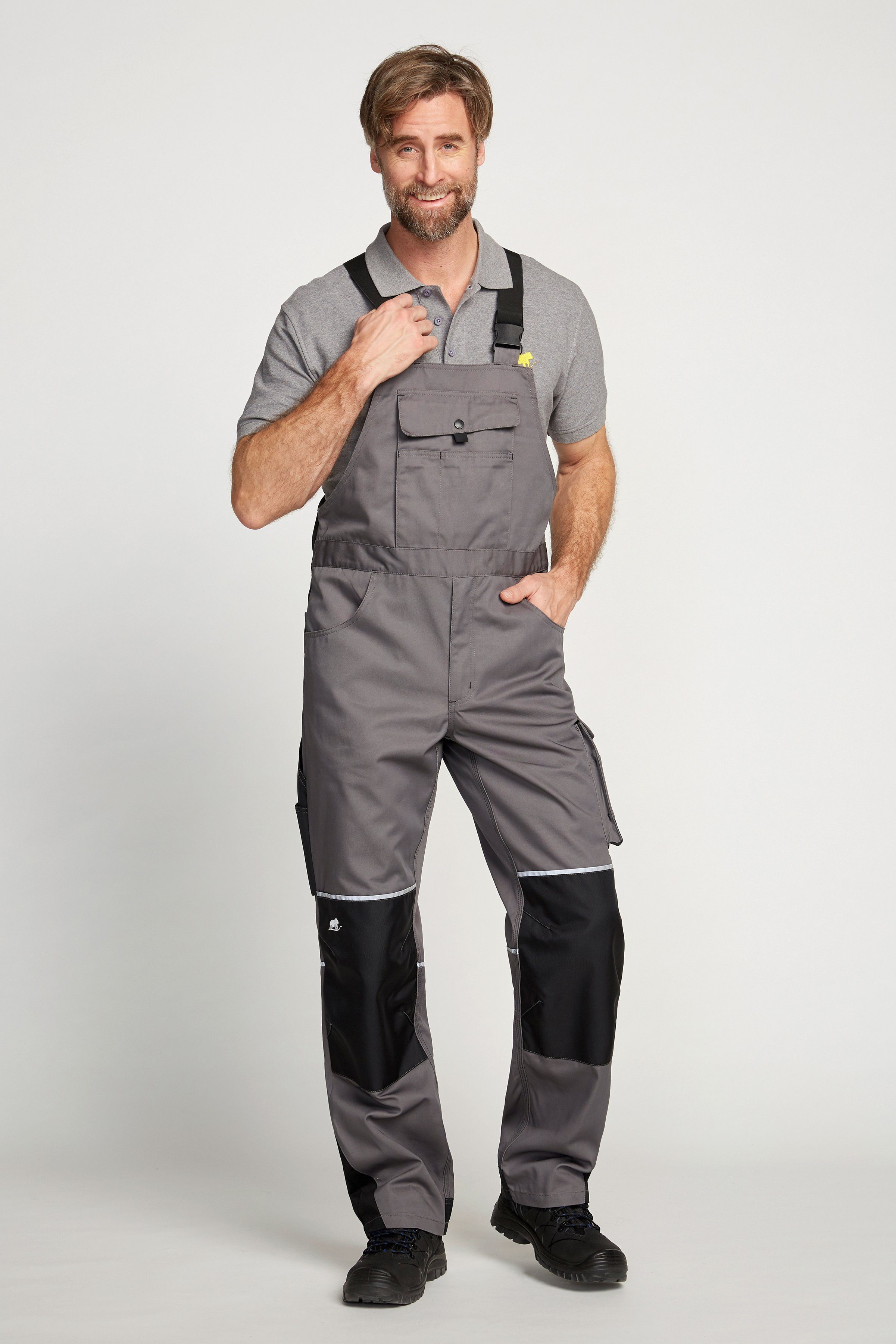 vielen mit Latzhose Country Northern Innenbeinnaht grau-schwarz elastischer und durch mit 3-fach (langlebig Cordura® Verstärkungen, viele Bund, 11 Verriegelungspunkte) Taschen