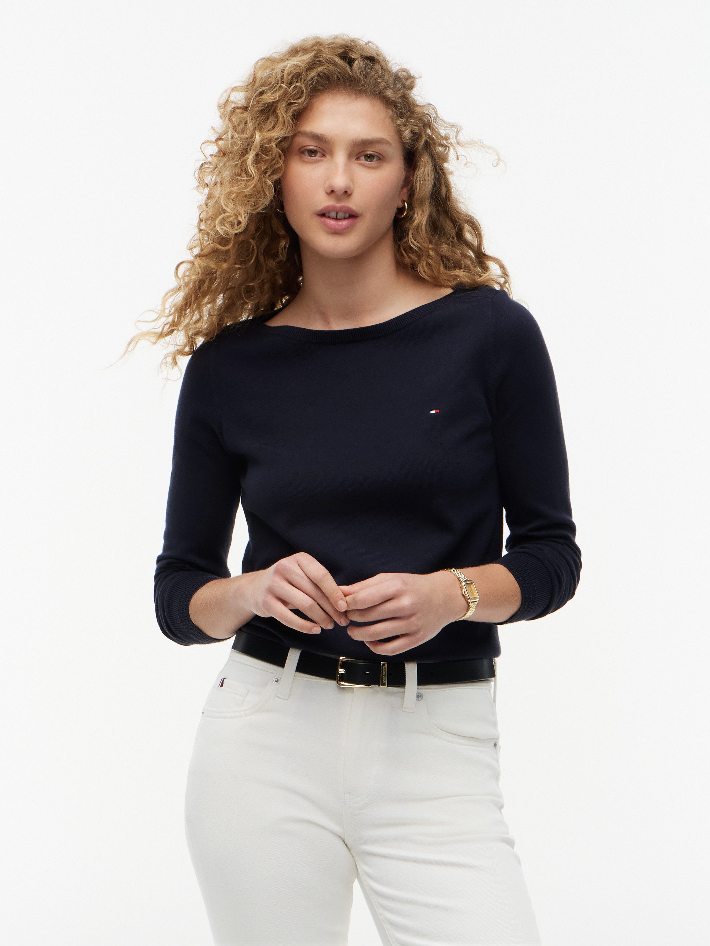 Tommy Hilfiger Strickpullover CO JERSEY STITCH V-NECK SWEATER mit Tommy Hilfiger Logo-Flag, U-Boot-Ausschnitt