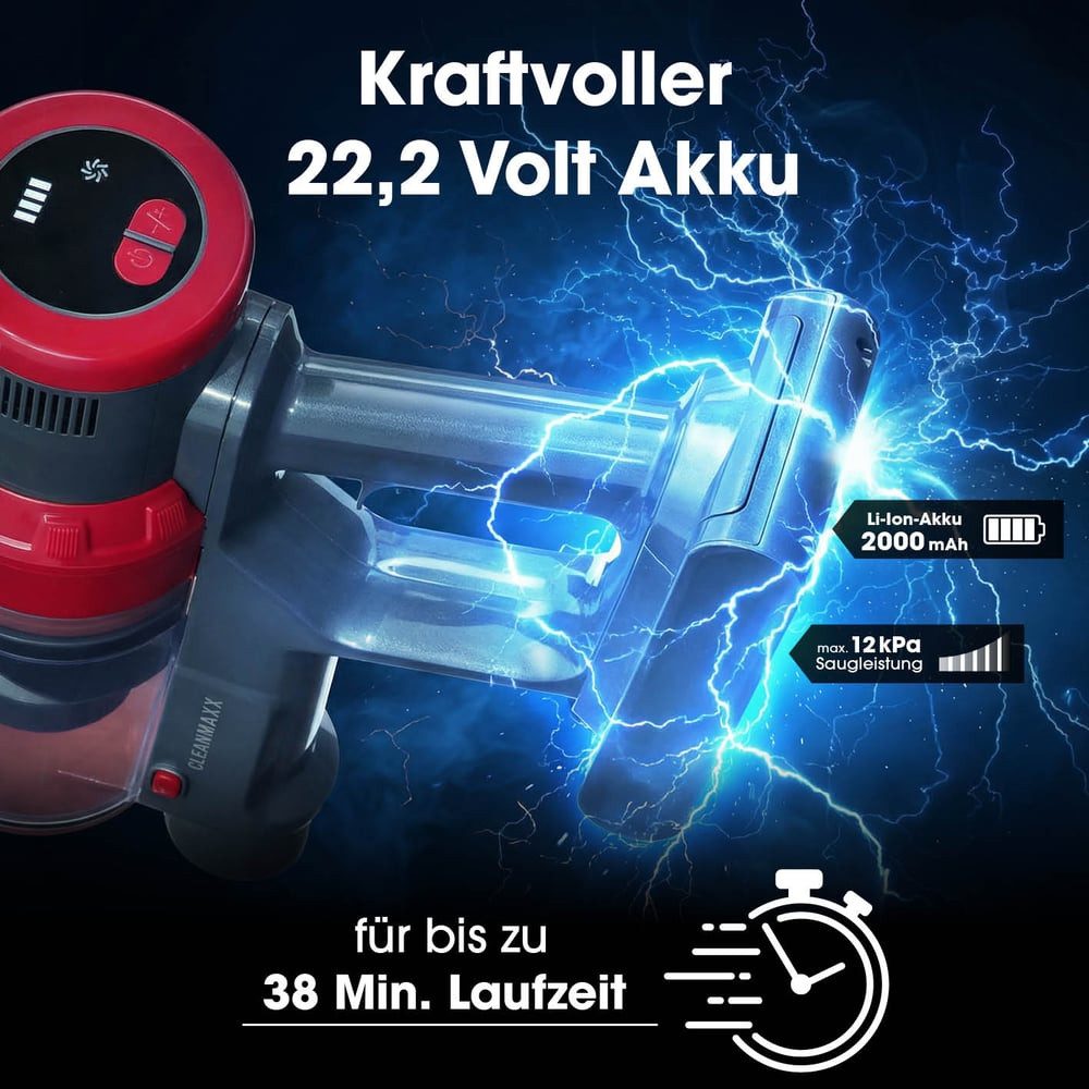 CLEANmaxx Akku-Hand-und Stielstaubsauger Akku-Zyklonsauger, 2 in 1 Handstaubsauger & Bodenstaubsauger, 150 W, beutellos, 22,2-V-Li-Ion-Handstaubsauger Akku, Handsauger mit 12 kPa Saugkraft