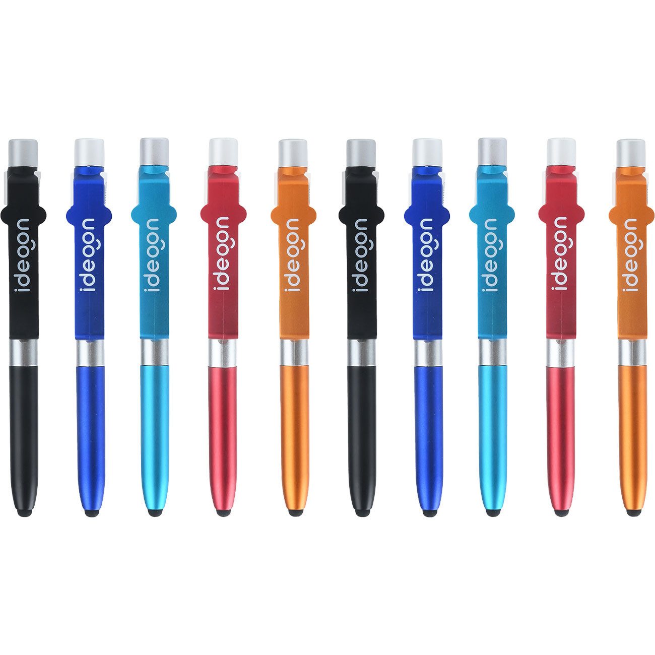 shop'n smile ideoon Kugelschreiber 4in1 Multifunktions-Kugelschreiber Set, LED-Lampe Touchpen & Ständer, (10-tlg., 5er-Set & 10er-Set), Handyhalter/Ø 1 x 13,9cm/Kipp-Gelenk/multifunktional