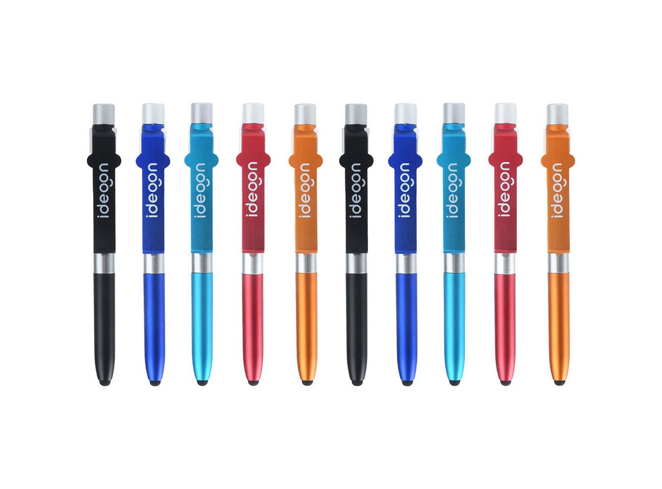 shop'n smile ideoon Kugelschreiber 4in1 Multifunktions-Kugelschreiber Set, LED-Lampe Touchpen & Ständer, (10-tlg., 5er-Set & 10er-Set), Handyhalter/Ø 1 x 13,9cm/Kipp-Gelenk/multifunktional