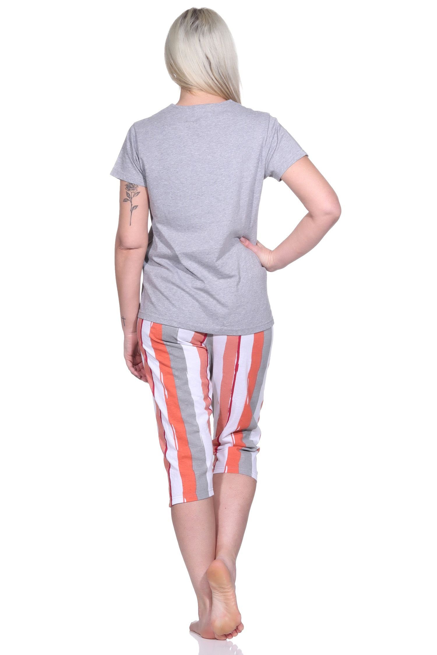 Capri und Schlafanzug lässigem Design Hose Pyjama grau T-Shirt Damen Normann 3/4 mit