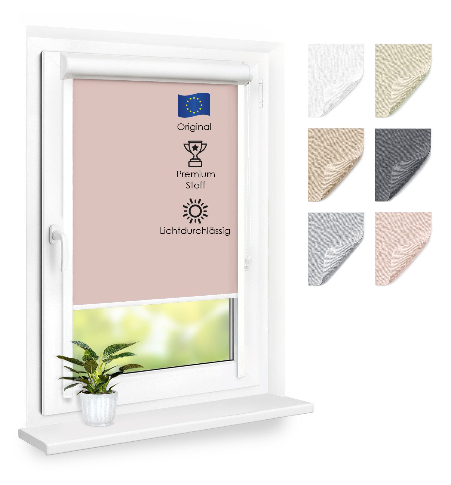 Rollo Premium Kassettenrollo mit Seitenschienen, Fensterrollo, DomDeco, blickdicht, ohne Bohren, durch Kleben oder Schrauben, Lichtdurchlässig, Rollo mit Seitenführung, Seitenzugrollo