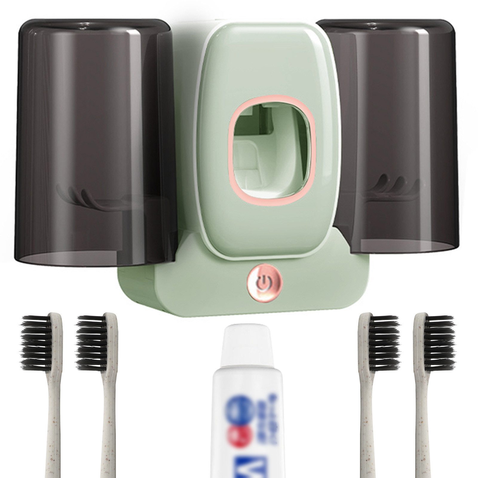 MODFU Zahnbürstenhalter UV Zahnbürste Sterilisator Set Zahnbürstenhalterset, (wiederaufladbare Wand montiert Automatischer Zahnpastaspender, Akku Zahnbürsten Sanitizer Halter mit 2 herausnehmbarer Becher), für alle Art von Zahnbürsten