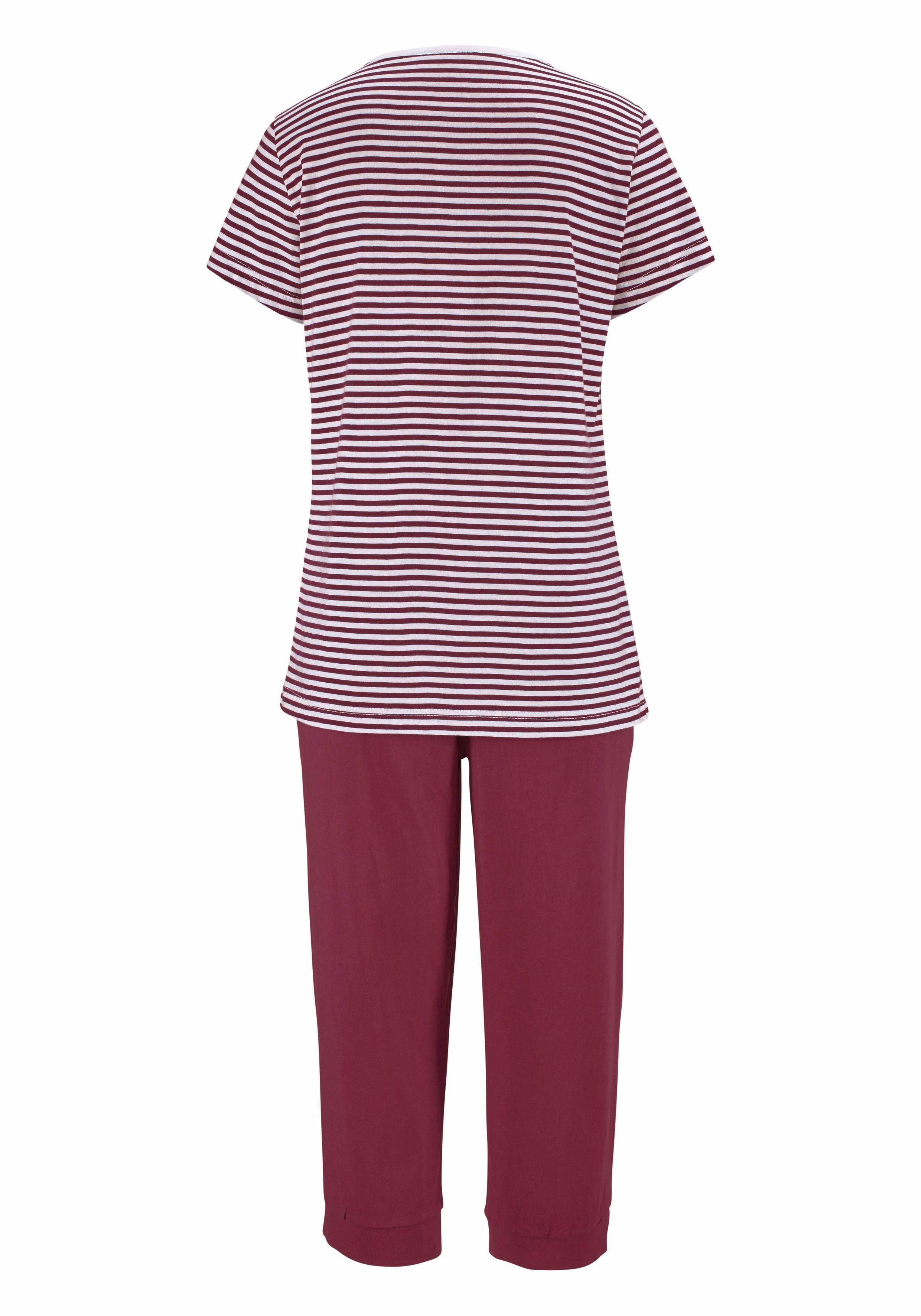 bordeaux-gestreift mit Hose und Capri-Pyjama 1 Stück) tlg., H.I.S legerer T-Shirt geringeltem (2