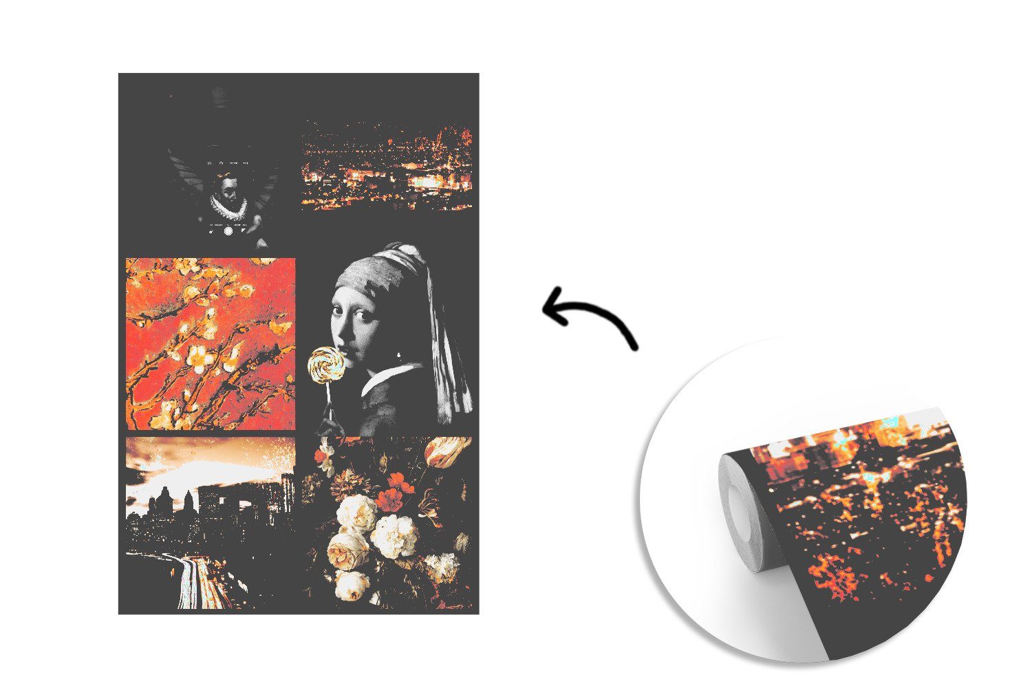 St), Tapete - Fototapete - Schwarz, bedruckt, für Vinyl Collage (3 - Matt, Wandtapete MuchoWow Gold Wohnzimmer, Montagefertig Kunst