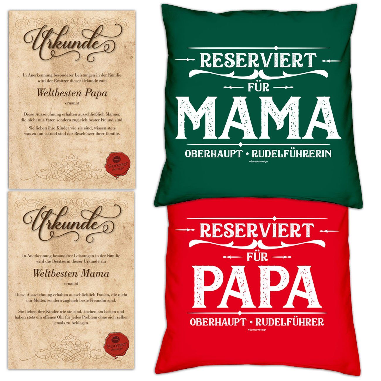 Soreso® Dekokissen Kissen-Set Reserviert für Papa Reserviert für Mama mit Urkunden, Weihnachtsgeschenk für Eltern dunkelgrün