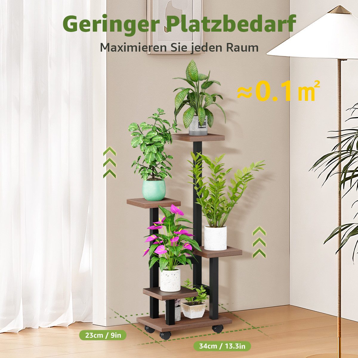 Simloveve Blumenständer Pflanzenständer aus Holz und Metall Pflanzentreppe Blumentreppe (blumenständer mit 4 Rollen), Outdoor Indoor Blumenregal für Wohnzimmer, Balkon und Büro