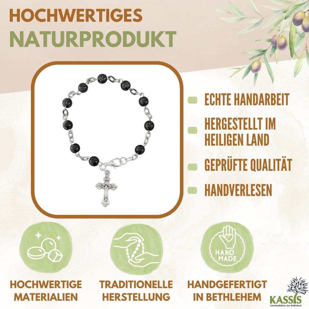 Kassis Geschenkartikel Armband mit runden Hämatit-Perlen Gebetskette Talisman Glücksbringer, handgefertigt in Bethlehem, Geschenk zu Taufe Kommunion Firmung – Bild 2 von 5