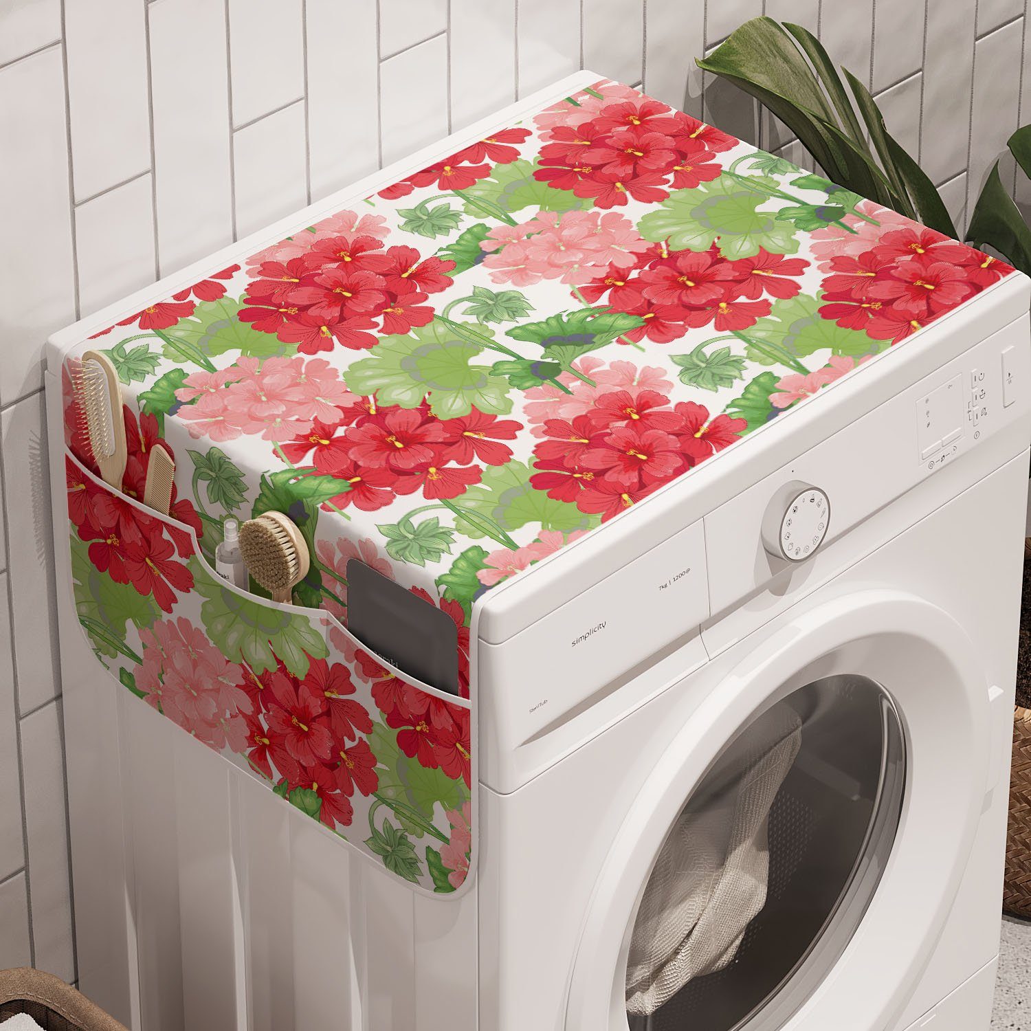 Abakuhaus Badorganizer Anti-Rutsch-Stoffabdeckung für Waschmaschine und Trockner, Pelargonien Blumen auf Plain Zurück