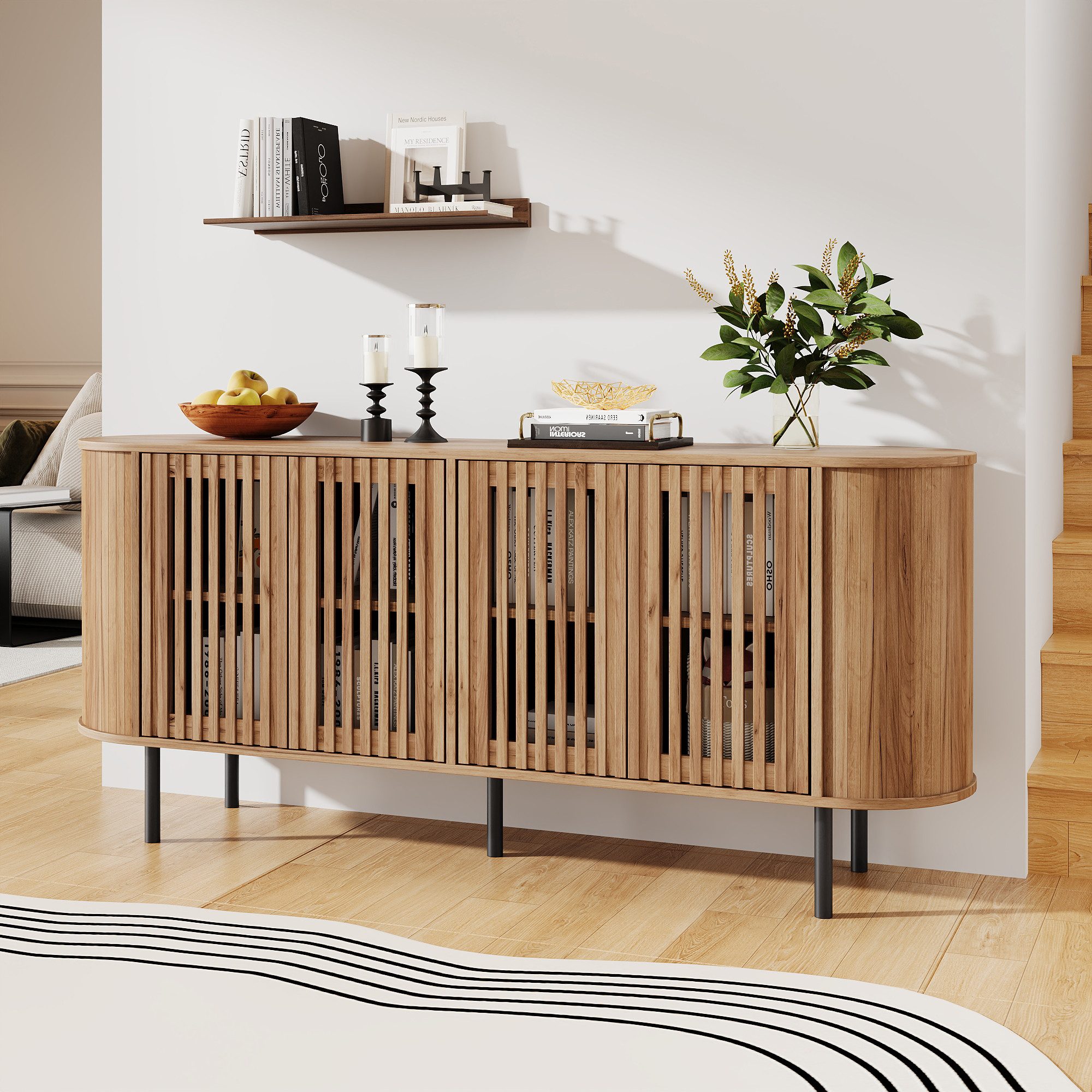 Merax Sideboard mit 4 perforierten Schiebetüren & verstellbaren Einlegeböden (160x40x70cm, 1 St), Kommode Buffet Anrichte Buffetschrank Schrank mit Metallbeinen – Bild 3 von 5