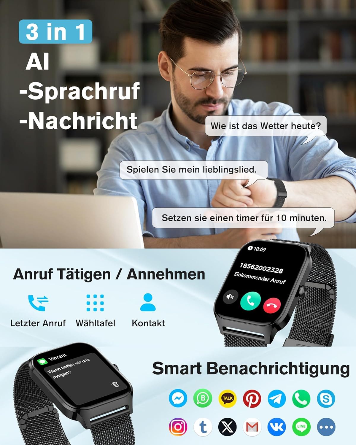 KALINCO Smartwatch (android ios), SMARTWATCH MIT KÜNSTLICHER INTELLIGENZ BLUETOOTH ANRUFEN