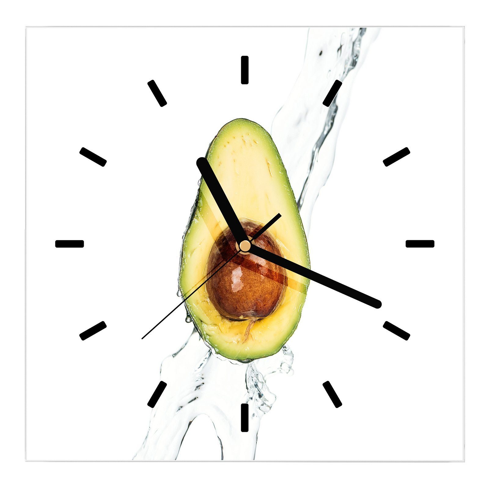 Primedeco Wanduhr Glasuhr Wanduhr Wandkunst Größe 30 x 30 cm mit Motiv Avocado auf Wassersplash