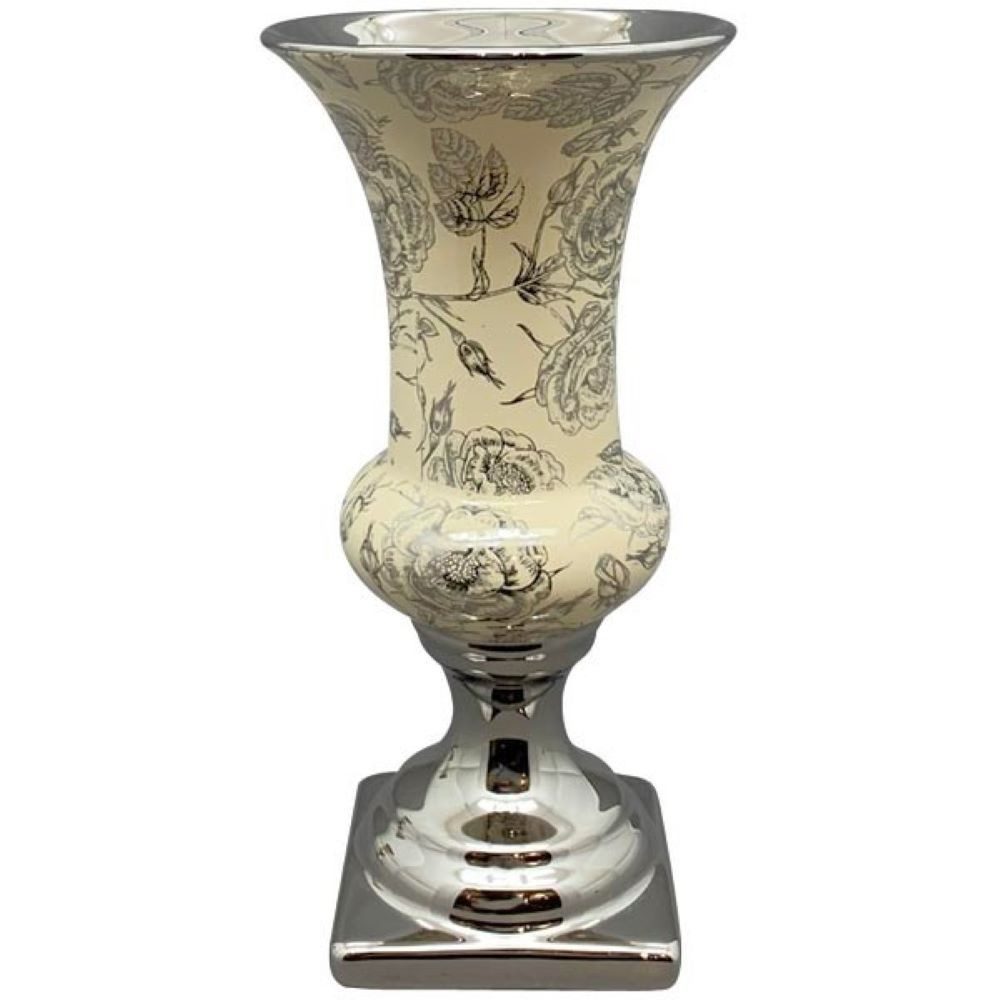 Exner GmbH Garten- & Wohnaccessoires Dekovase Vase Übertopf Beige Silber Pokal Rosenmuster 25 cm, Barockstil