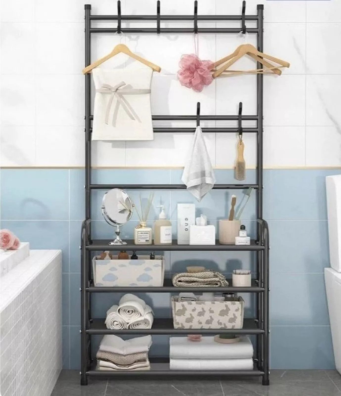 QLS Garderobenständer, mit Schuhregal 8 Haken 4 Ebenen Freistehend Stahl Sc günstig online kaufen