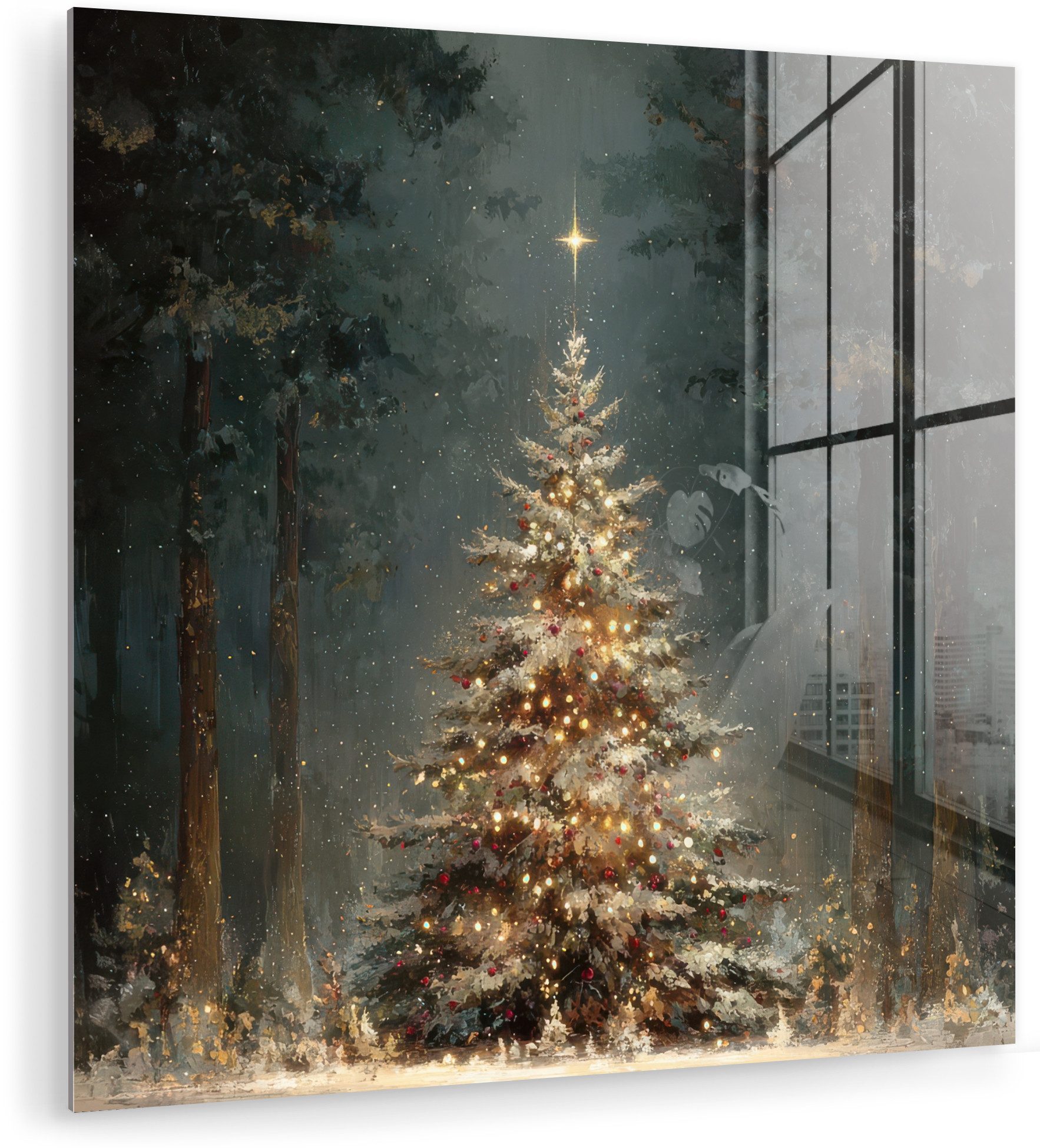 MuchoWow Acrylglasbild Weihnachtsbaum - Wald - Schnee - mehrfarbig, Inkl. Aufhängung, Bilder auf Glas Wandbild, Wanddeko Wohnzimmer Badezimmer, 20x20 cm