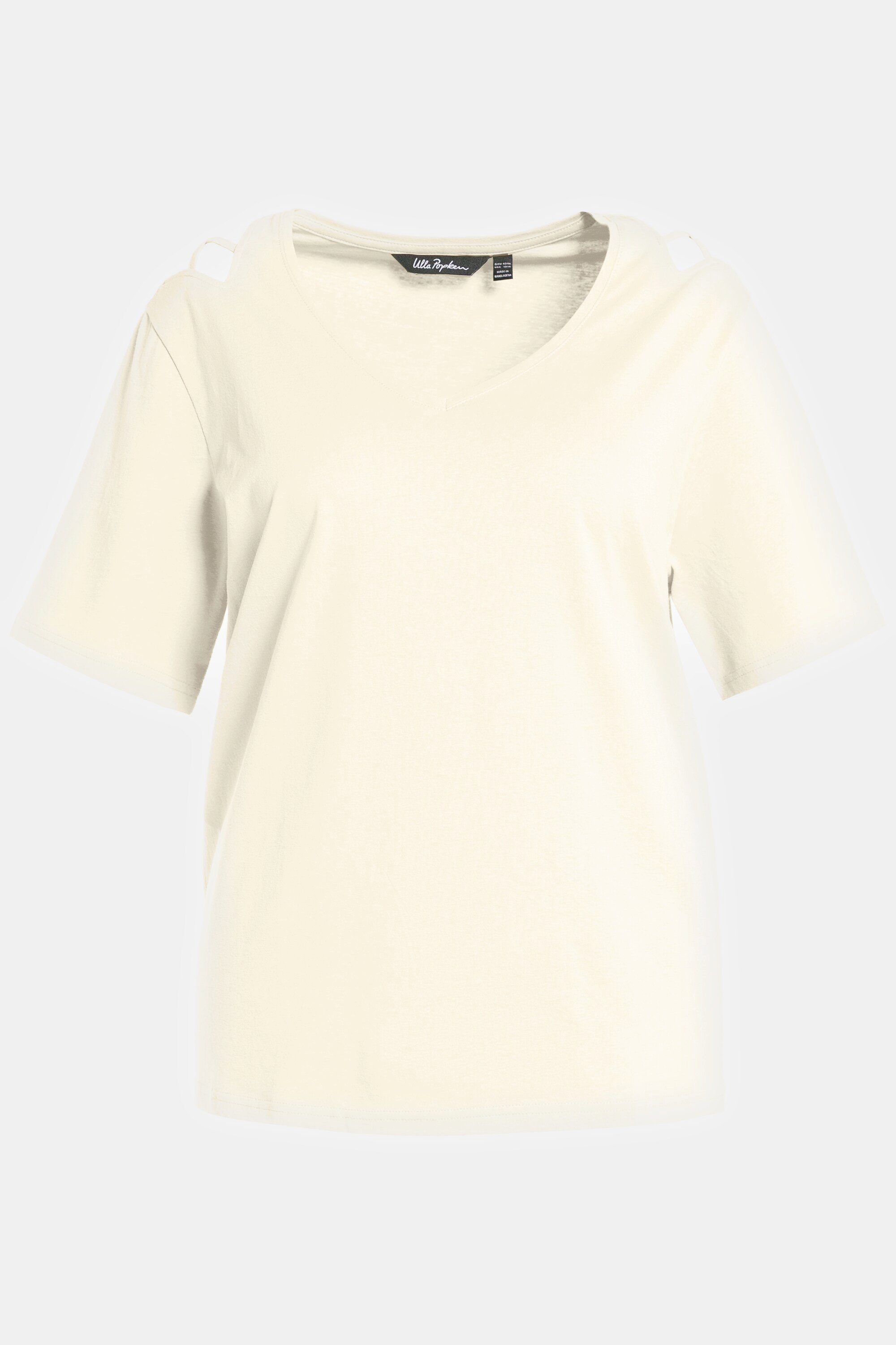 Schulterschlitze wüstengelb T-Shirt Popken Halbarm Ulla V-Ausschnitt Rundhalsshirt
