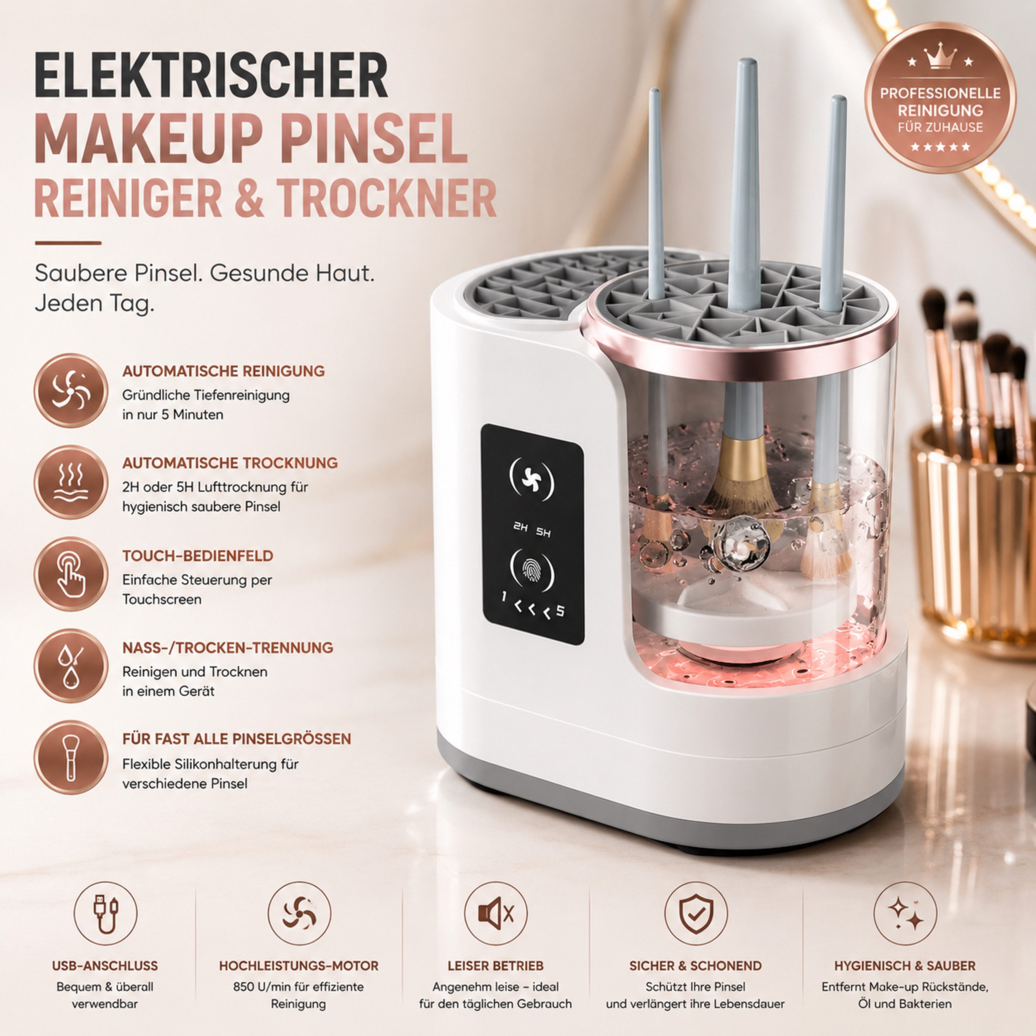 Lalano`S Cosmetics Kosmetikpinsel-Set LUMIBRUSH 3-in-1 Pinselreiniger & Trockner, Automatische Reinigung & Trocknung für hygienische Pinsel