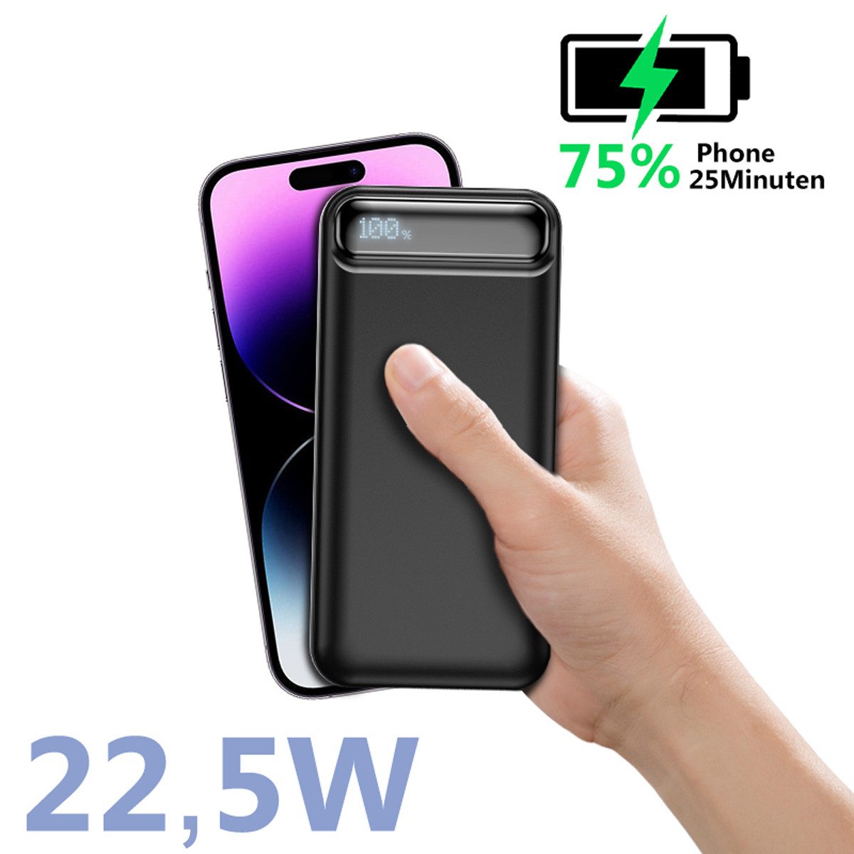 AeroAxis Externer Akku 50000mAh 22,5W Schnellladung,3 Ausgänge Typ-C & 2xUSB-A Powerbank Schnellladefunktion 50000 mAh, LCD Display, Ideal für Reise, Outdoor & Notfall – Smartphone Tablet