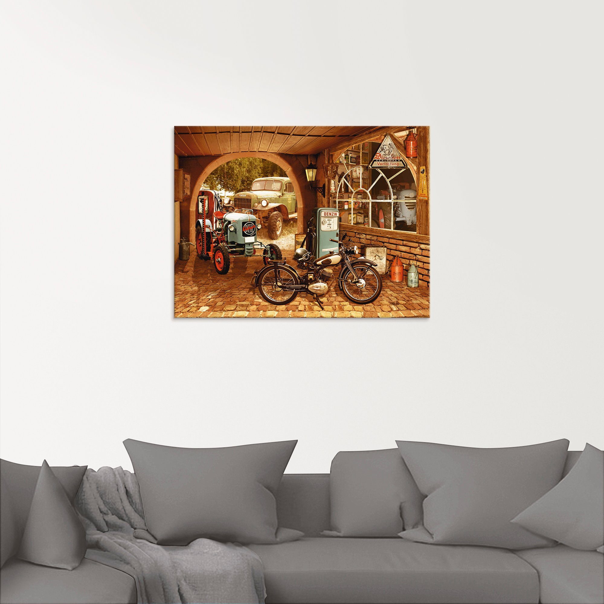 Artland Glasbild Werkstatt mit Traktor und Motorrad, Traktoren (1 St), in verschiedenen Größen