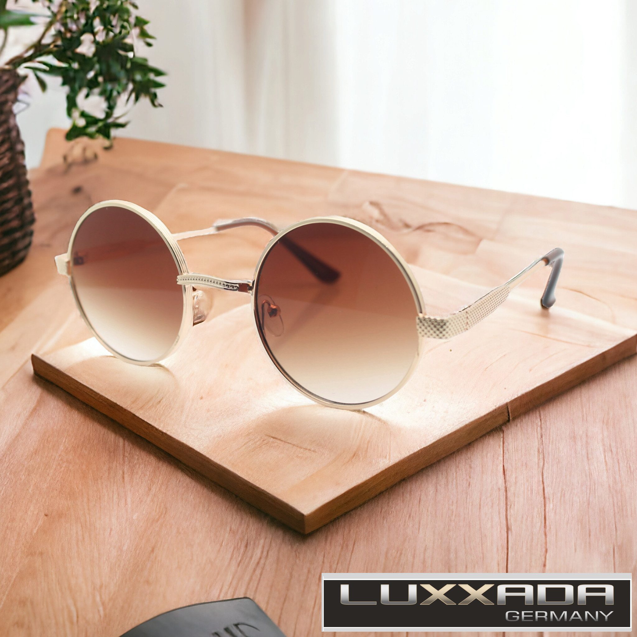 Vaccari-design Sonnenbrille (1x Runde Hippie Festival Brille mit Brillenbeutel) Nickelbrille in Gold mit Braun Verlaufsgetönten Gläsern