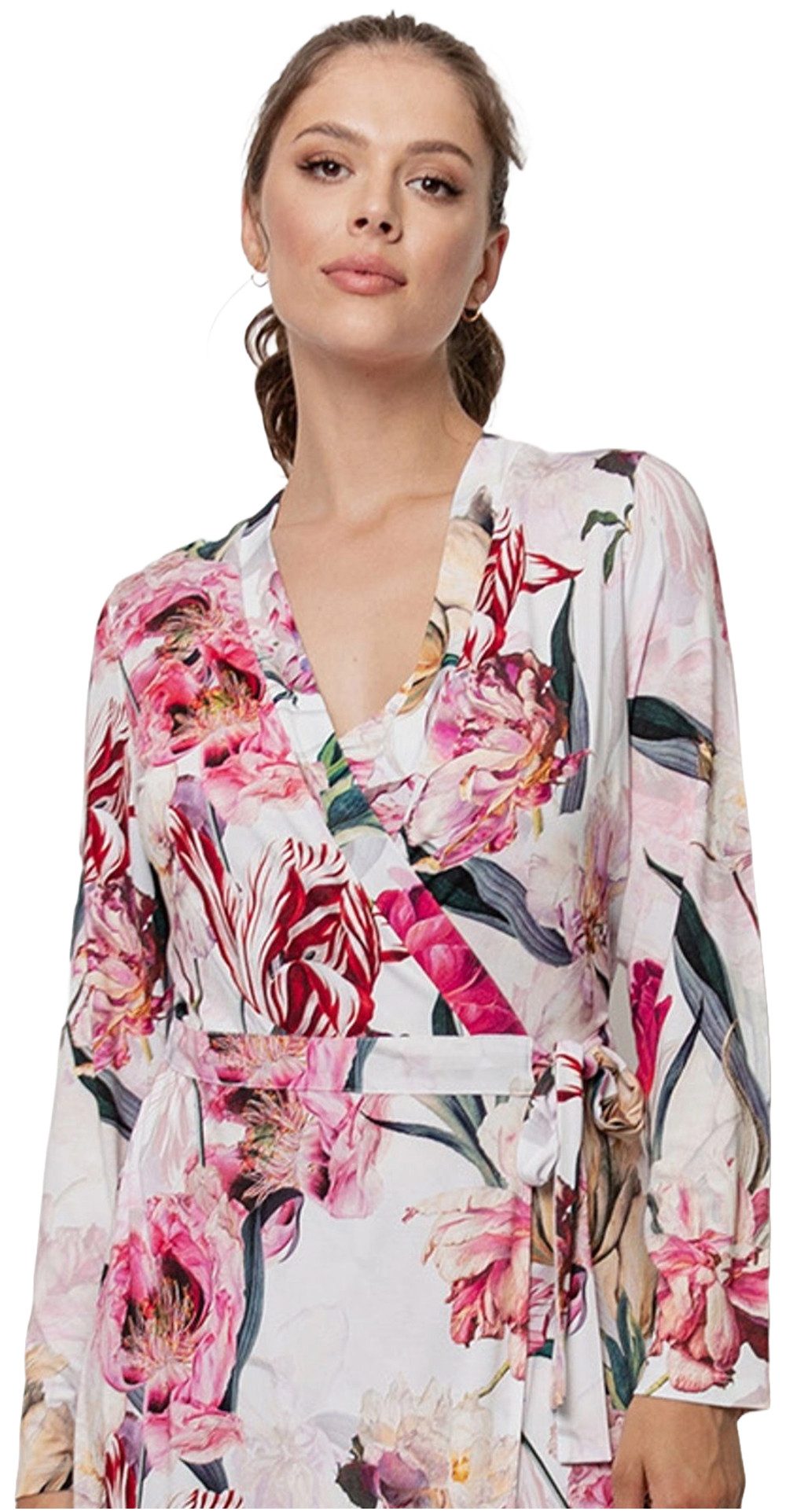 OH!ZUZA Kimono Damen Morgenmantel edel mit Blumenmuster, Kurz, Viskosemischung, Kimonokragen, Gürtel, Edles Design
