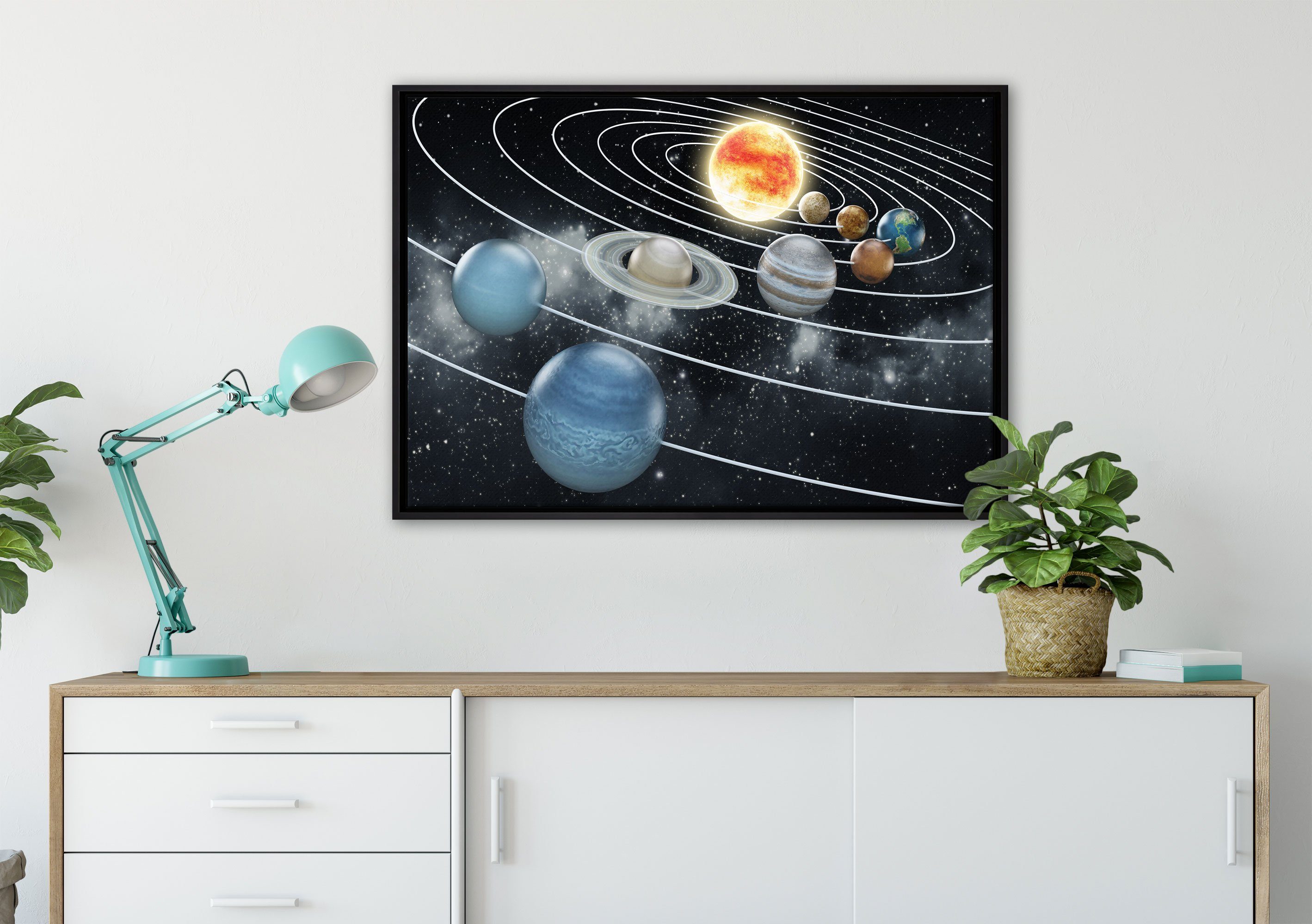 Pixxprint Leinwandbild Sonnensystem mit unseren fertig Planeten, Zackenaufhänger Wanddekoration Schattenfugen-Bilderrahmen in Leinwandbild gefasst, (1 bespannt, einem inkl. St)