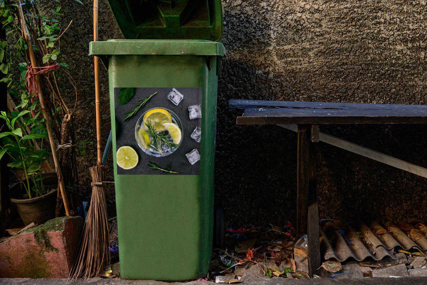 Container, - Zitrone Becher MuchoWow Mülleimer-aufkleber, Wandsticker Abfalbehälter Mülltonne, - (1 St), Sticker, Getränk - Obst