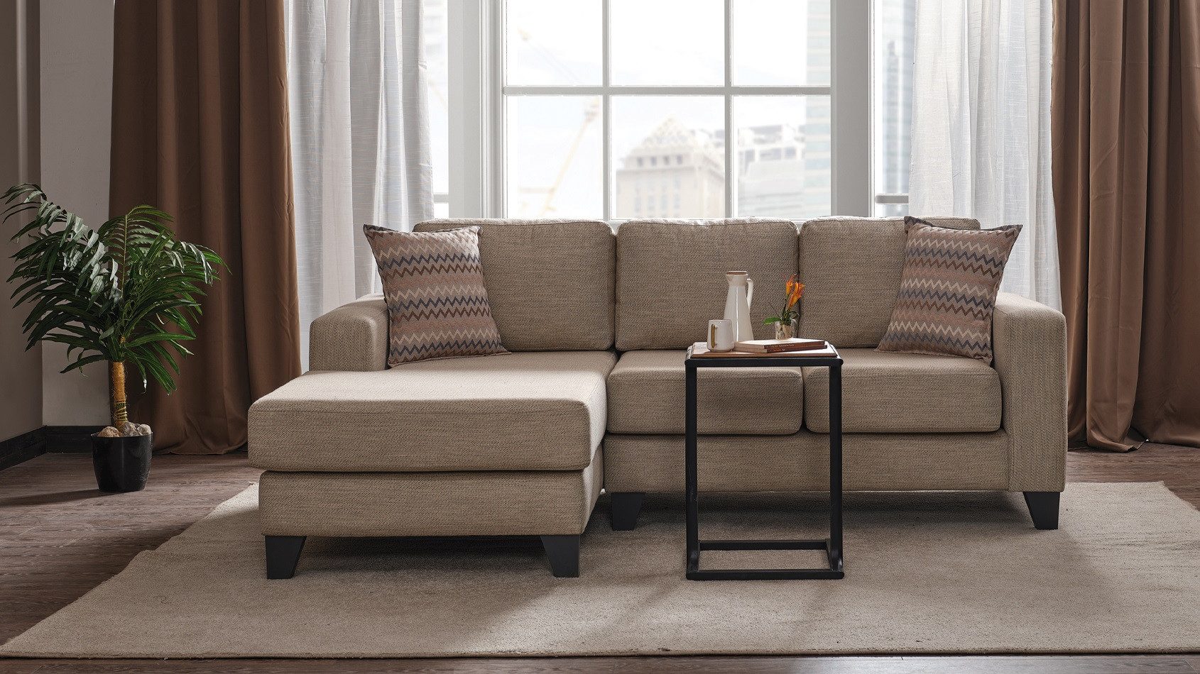 Ecksofa Ecksofa L-Form aus Premium Textil in Beige mit Edelstahlfüßen