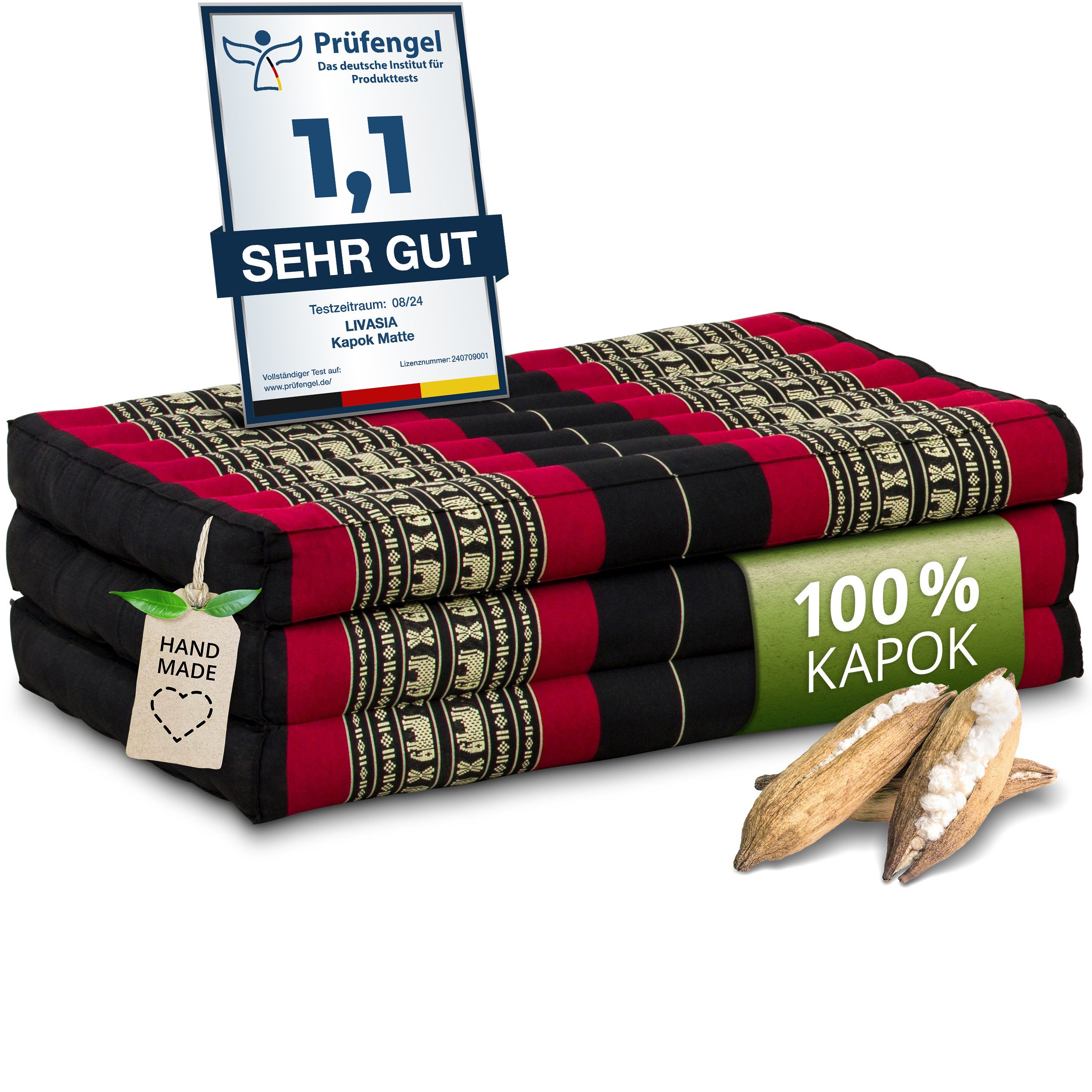 Kindermatratze Klappmatratze 70 cm breit - 140x70x8cm - Faltmatratze für Kinder, livasia, 8 cm hoch, Kapok, vegan, handgefertigt