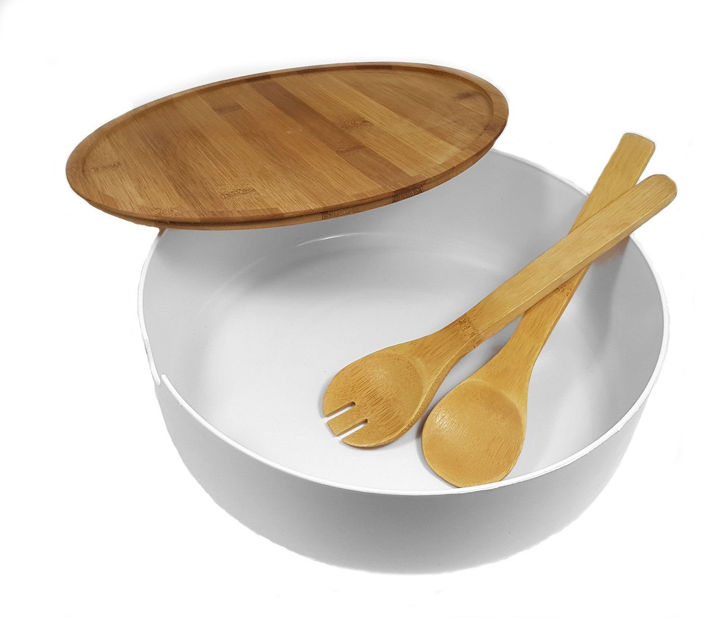 Spetebo Salatschüssel XXL Salatschüssel mit Bambus Deckel, Verbundstoff, (Packung, 1-tlg), Schale groß inklusive Holz Besteck
