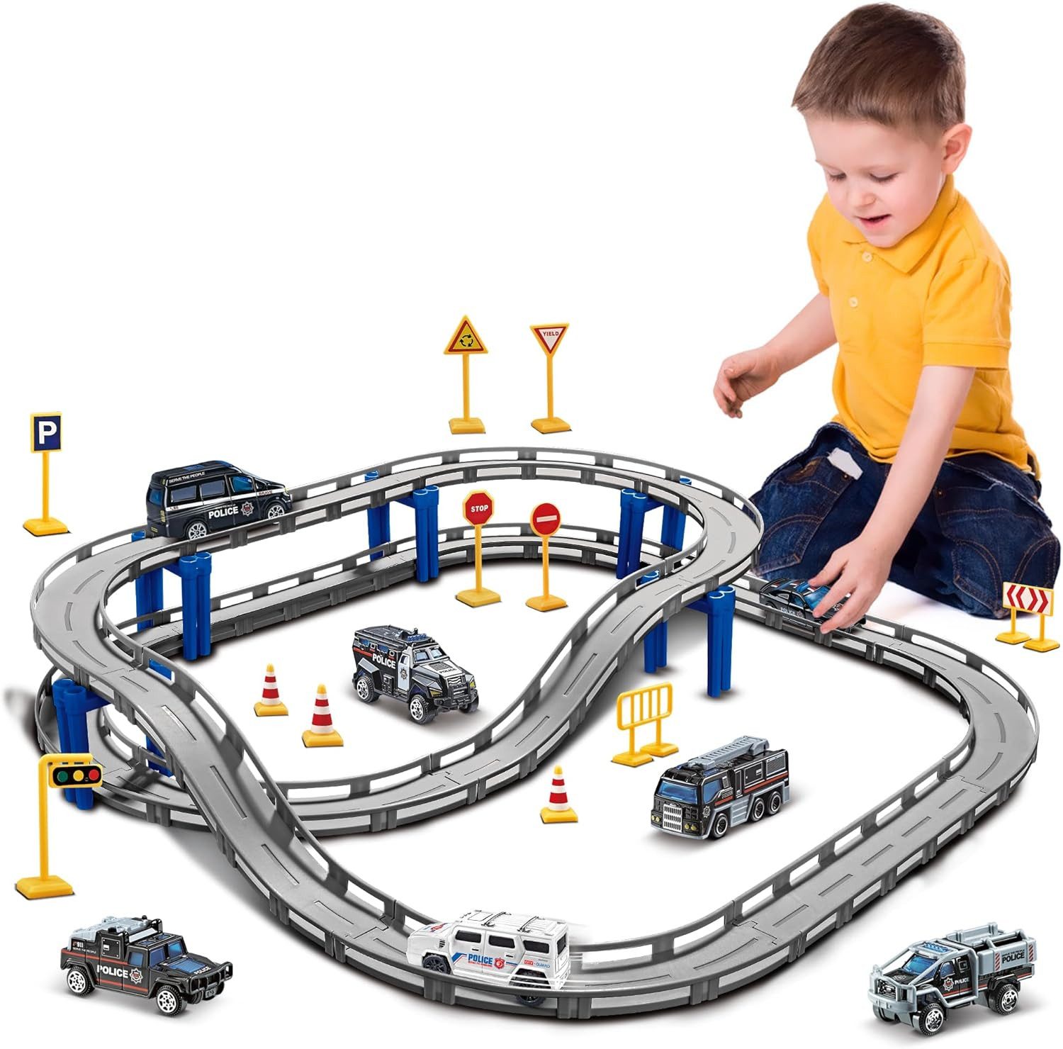 LaCute Autorennbahn Elektrische Autorennbahn mit Spielzeugzug und 4 Fahrzeugen für Kinder, (Rennbahn Set Kinder mit Fahrzeugen für Spielspaß, 38-tlg., Elektrische Rennbahn Set mit 7 Verschiedenen Polizei Fahrzeugen), Motorbetrieb, Bewegungsfunktion, kindgerecht, robust