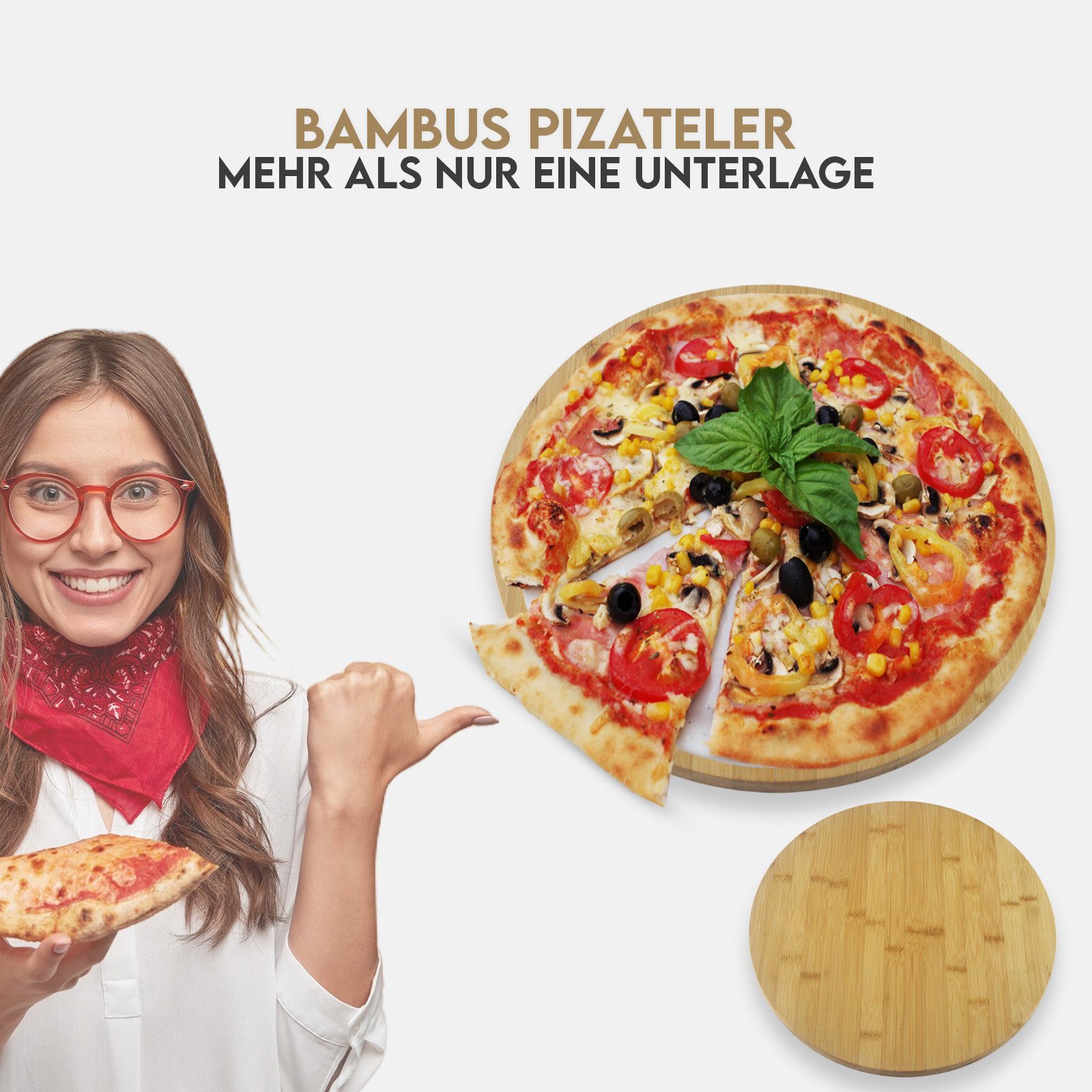 hausleben Pizzaschneidebrett Pizzabrett/Kuchenplatte, Bambus, Ø35 cm x 1,2 cm, Kuchenplatte, (1-St), pizzaservierbrett schneiderbrett mit Griff