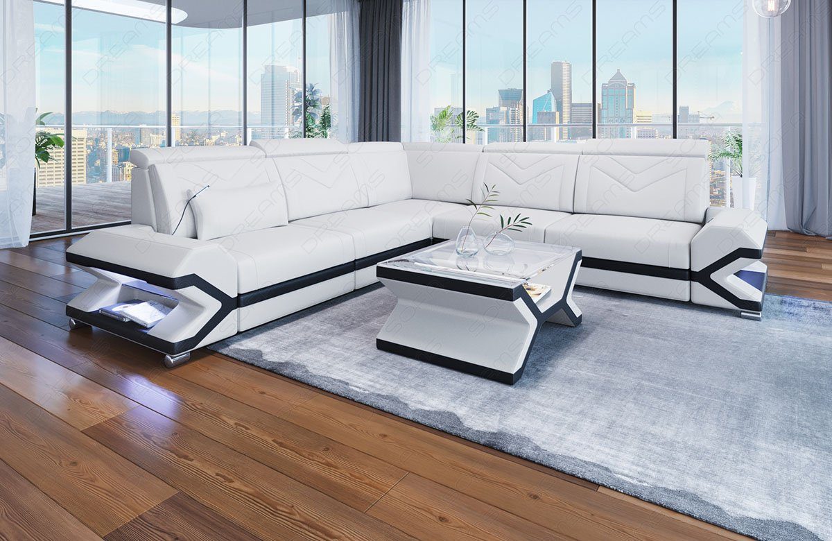 Sofa Dreams Ecksofa Sorrento L Form Leder, 4-Sitzer, Couch, LED-Beleuchtung, opt. Bettfunktion, Kopfstützen, USB