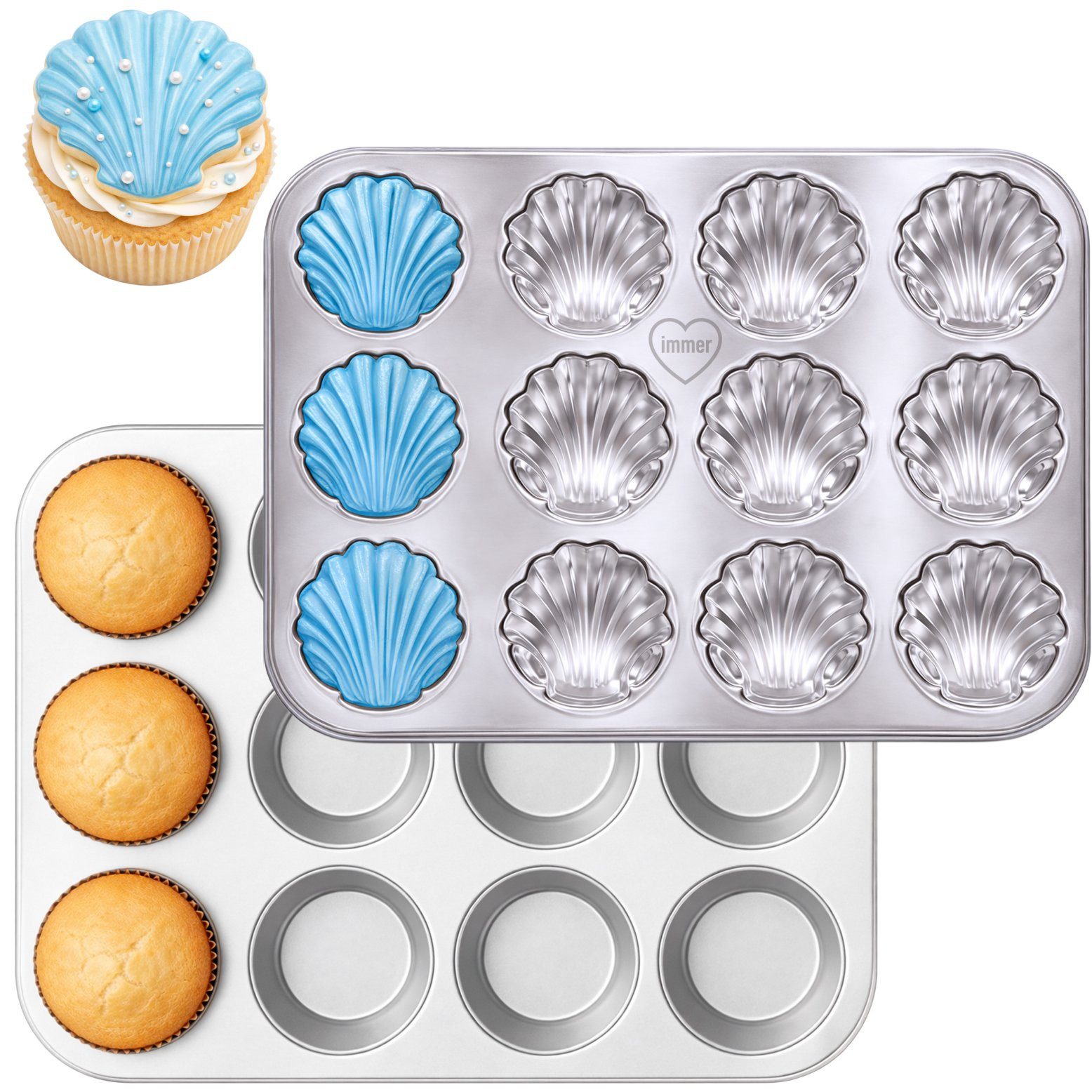 immer Muffinform Edelstahl Backform-Set Muffinblech 12 Muffin/Cupcake- und 12 Muscheln, (Muffinblech-Set 2-tlg)