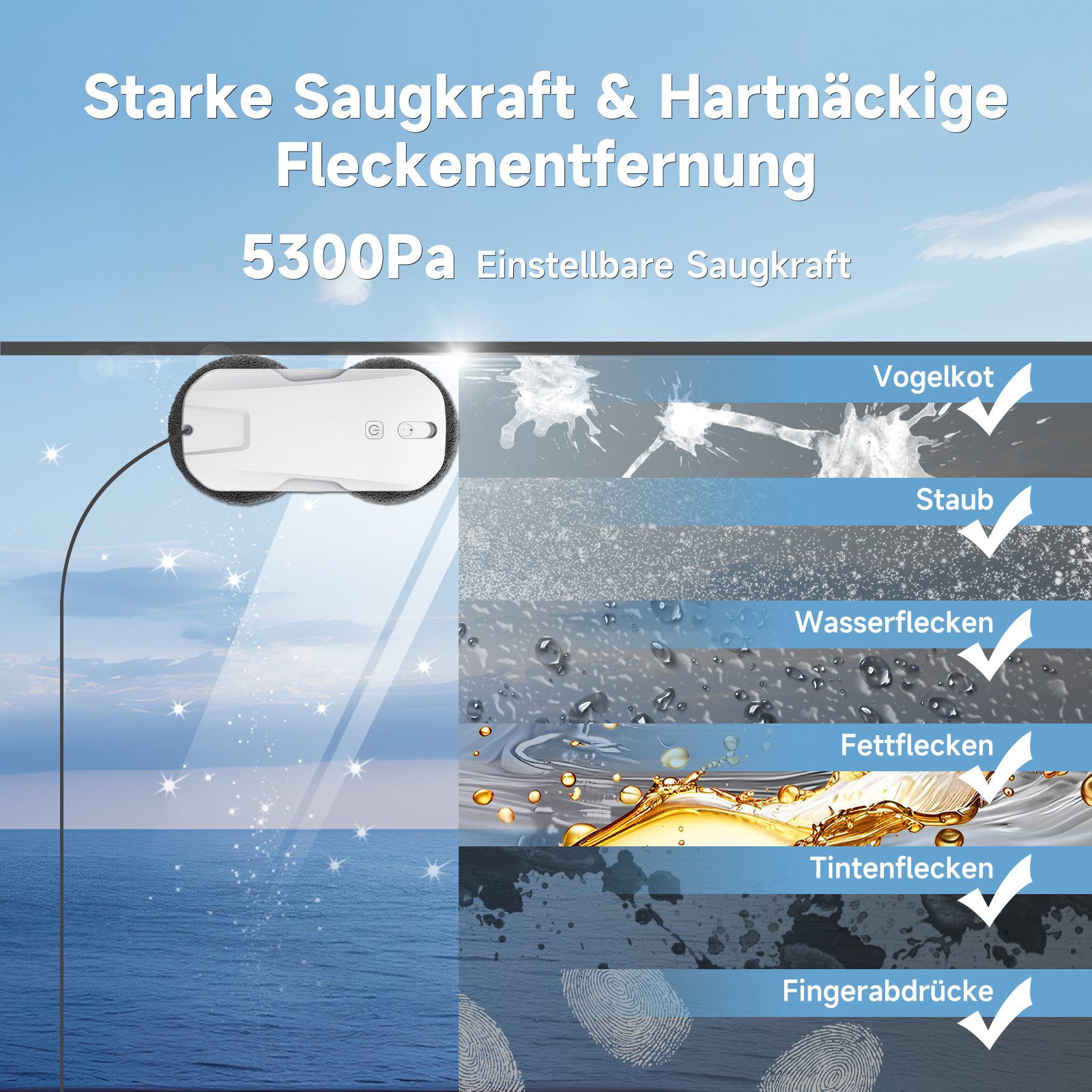 EVERCROSS BOT Fensterputzroboter mit automatischer 4-Wege-Sprühfunktion, 5300 Pa starker Saugkraft, (Absturzsicherung & 50 Minuten UPS-Notstromschutz) Intellige – Bild 4 von 5