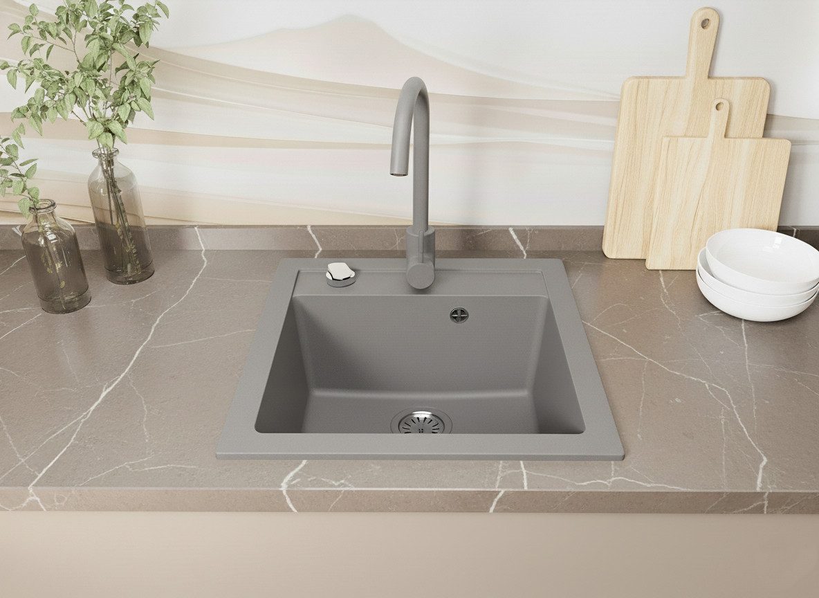 Faizee Möbel Granitspüle Granitspüle 49x52cm Küchenspüle inkl. Siphon Spülbecken Spüle, Eckig, 49/21 cm