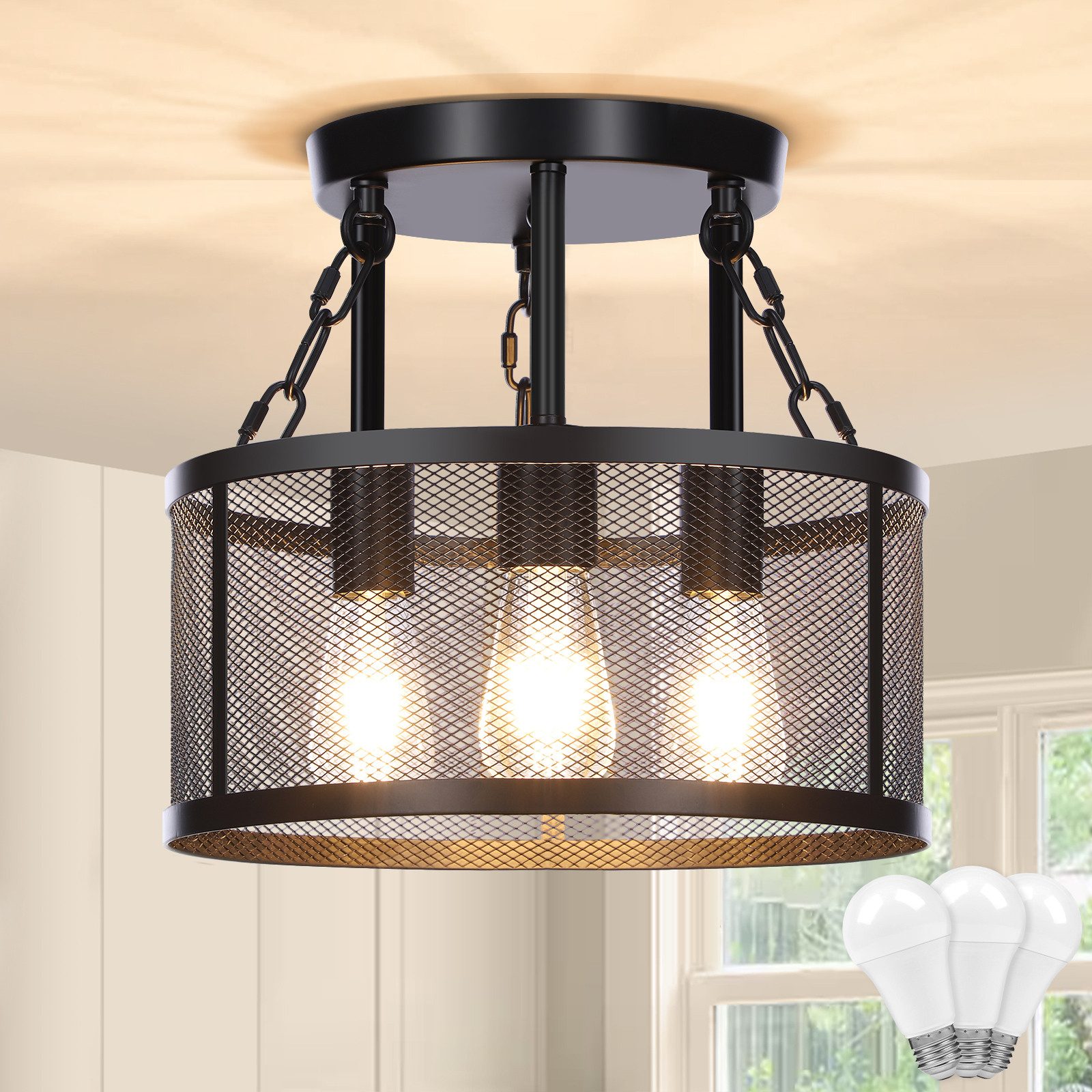 LMaxhome Deckenleuchte Schwarz Deckenlampe Vintage LED, 3 Flammig E27 Wohnzimmerlampe, Industrial Deckenlampe Dimmbar aus Metall für Küche Flur Schlafzimmer