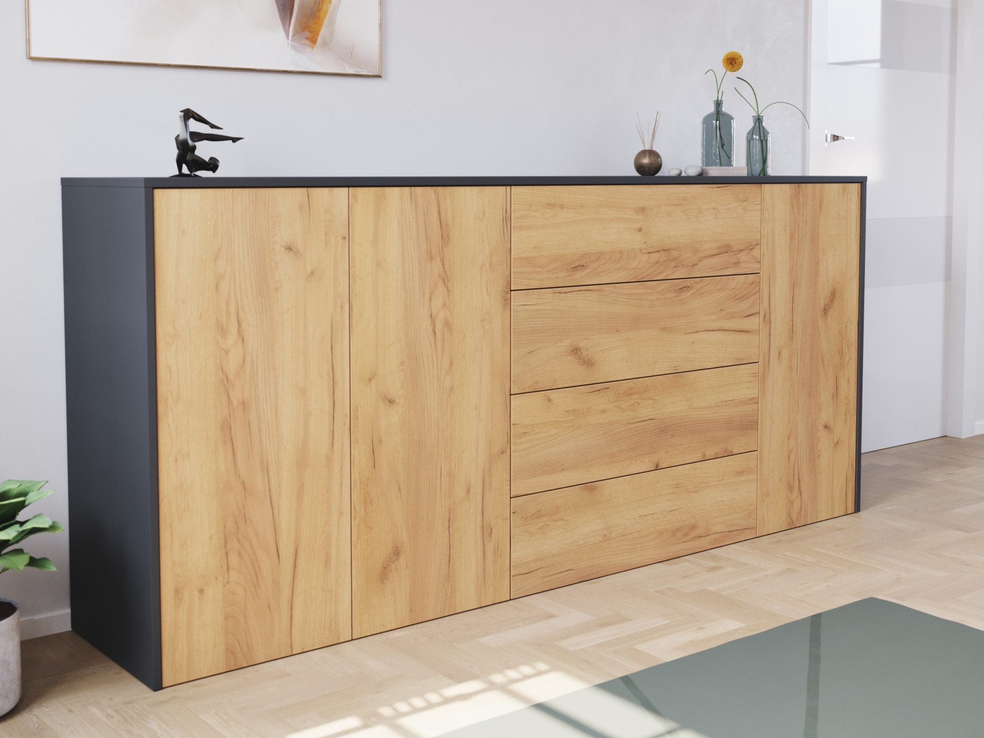 Magnolia Home Kommode Sideboard Impulse 200cm 3 Türen 4 Pushauszüg Grafit Eiche